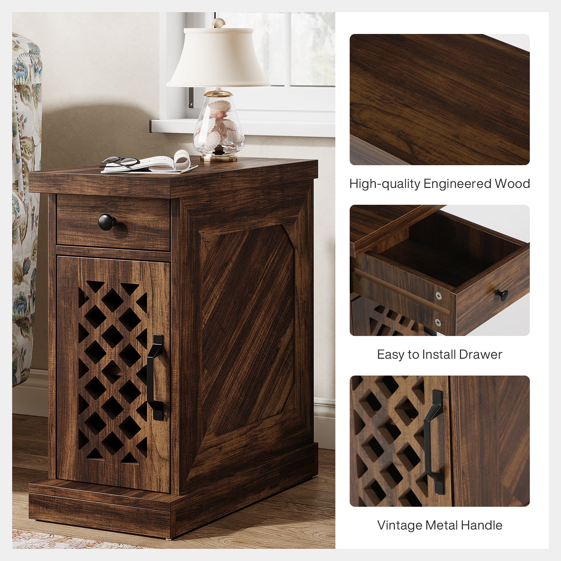 Rustic Wooden Side Table with Storage Drawer - End Table, Nightstand for Bedroom, Living Room - Perfect for Small Spaces & Home Decor