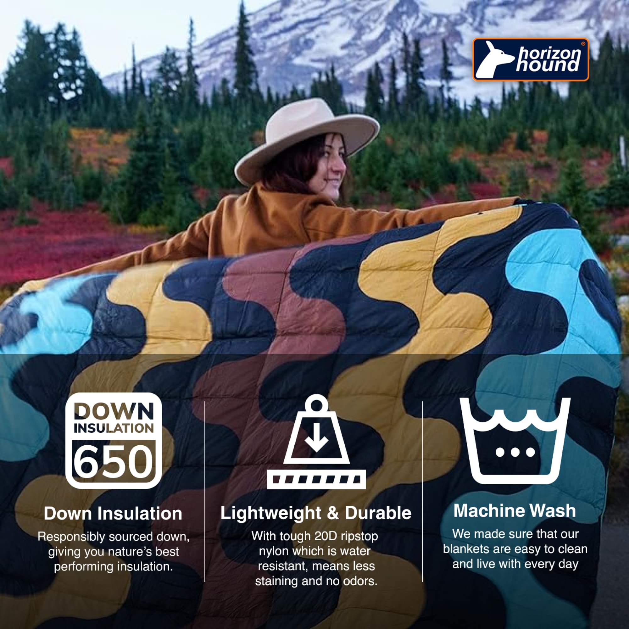 Horizon Hound Down Camping Blanket - Lightweight Waterproof Outdoor Travel Quilt for Camping, Hiking, Picnics & Festivals | Sustainable Insulated Warm Gear | Perfect for Backpacking, Beach Trips & Stadium Events