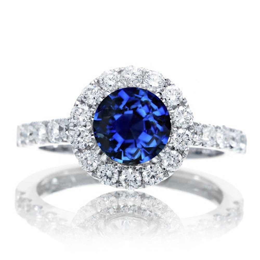 1.5 Carat Round Halo Sapphire & Moissanite Engagement Ring in 10K White Gold - Perfect for Proposals, Anniversaries & Special Occasions