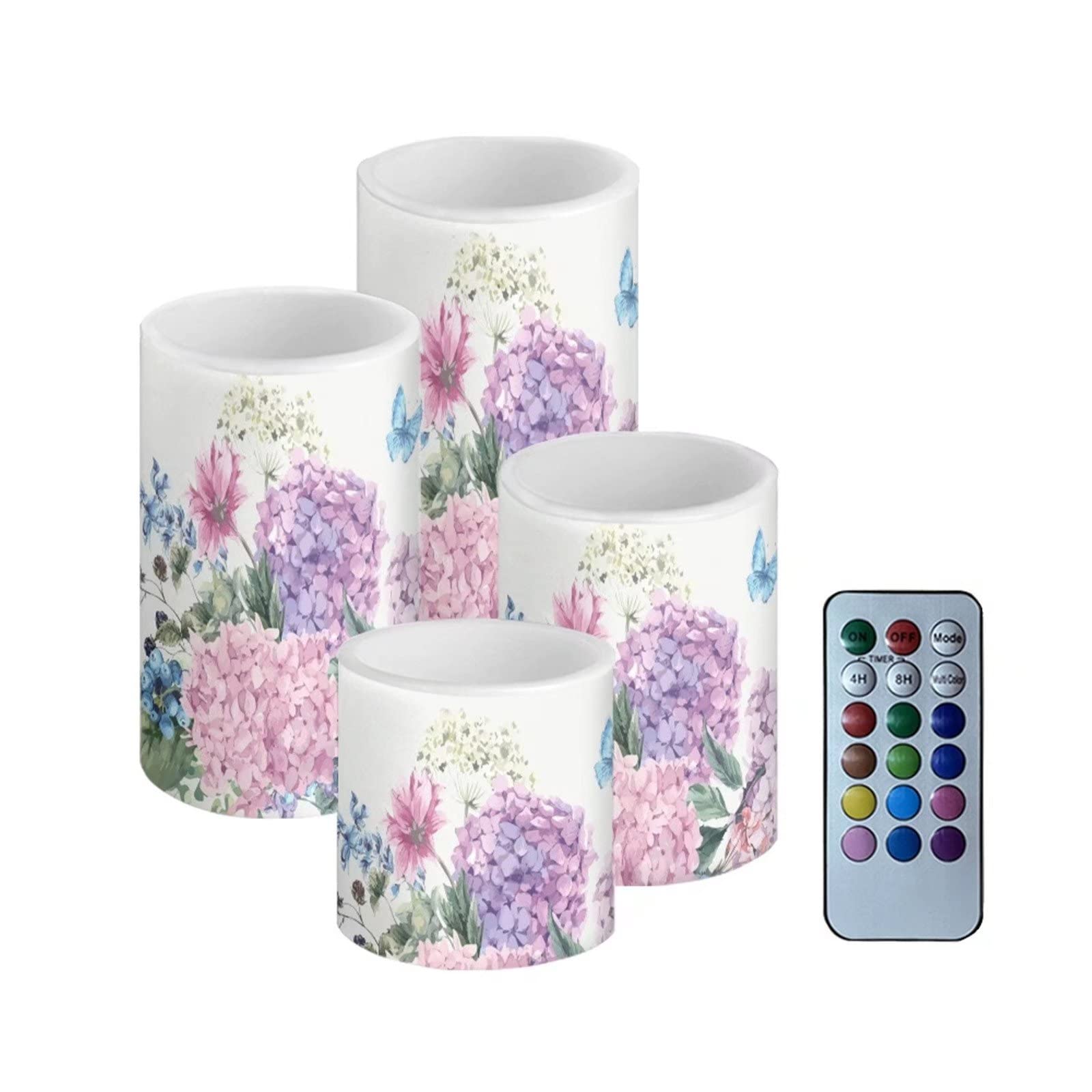 Purple Hydrangea LED Candles with Remote - Set of 4 for Wedding & Home Decor