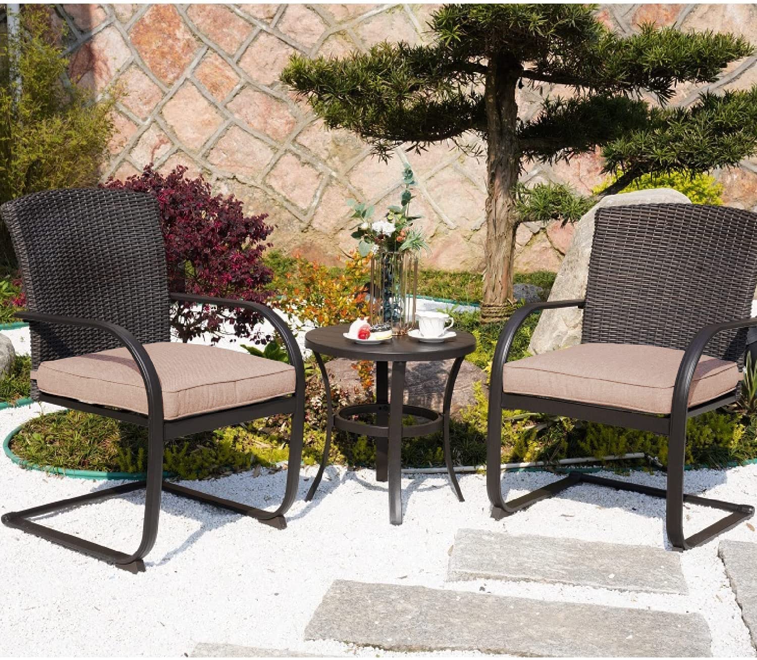 3-Piece Wicker Bistro Set with Cushions - Outdoor Patio Furniture for Balcony & Porch