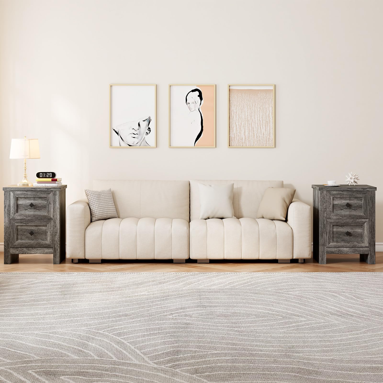 Rustic Grey 3-Piece Bedroom Furniture Set - 6-Drawer Dresser & 2 Nightstands with Charging Station | Farmhouse Style Wood Storage Dresser & Bedside Tables | Perfect for Master Bedroom, Guest Room, or Apartment Decor