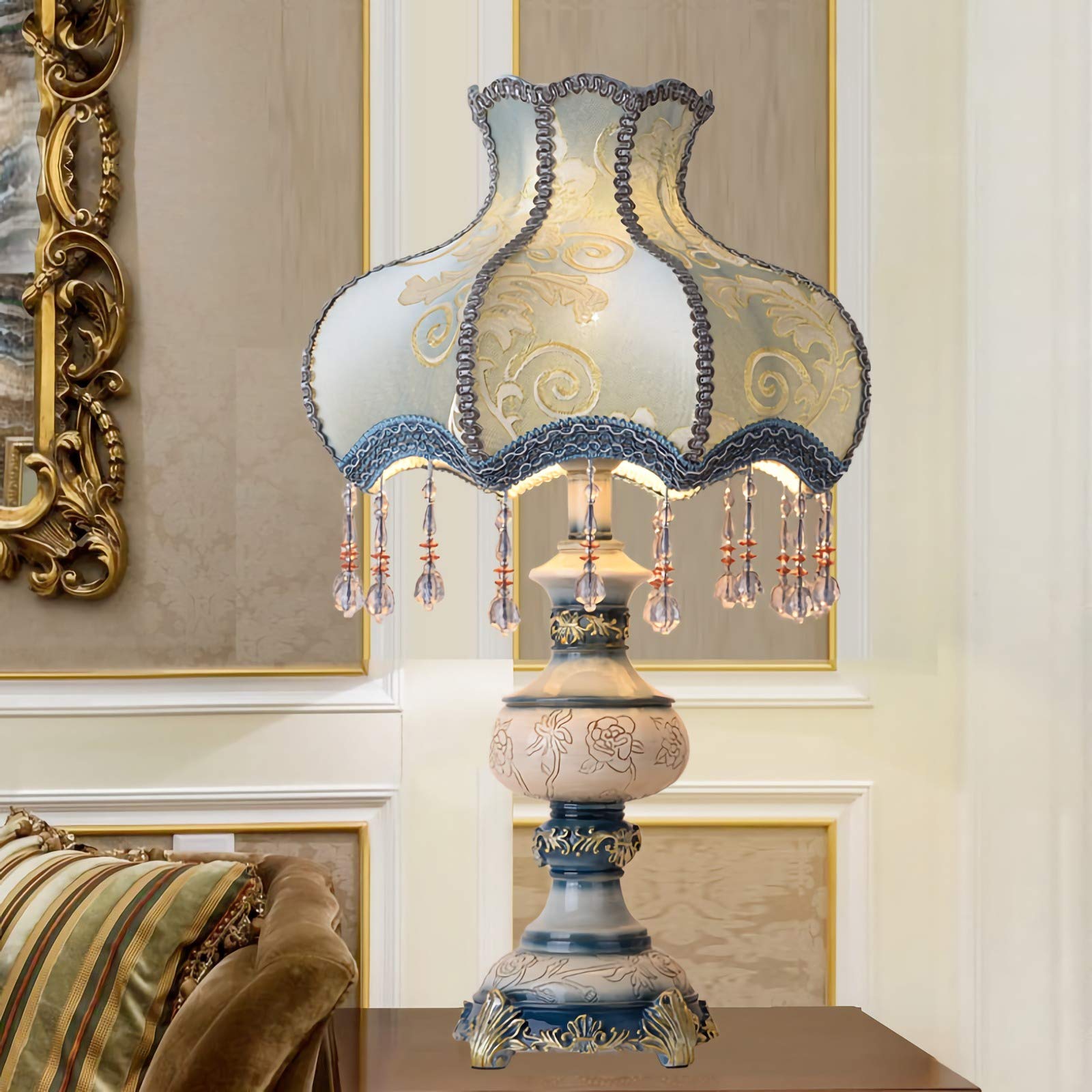 Victorian Style Table Lamp with Fabric Shade - European Inspired E27 Desk Lamp for Living Room & Office, Retro Eye-Caring Resin Bedside Lighting | Perfect for Reading Nooks, Home Decor & Workspace Ambiance