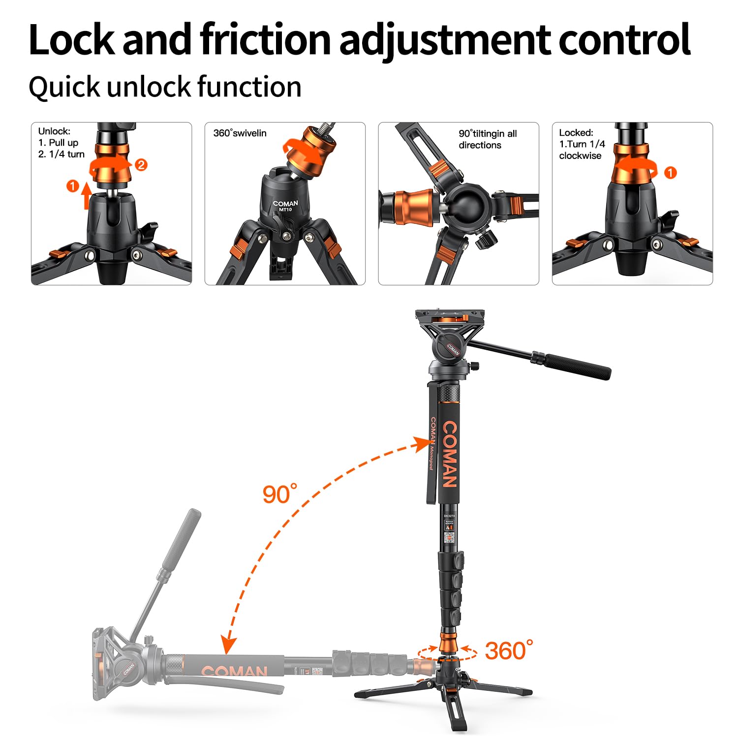 Coman Professional Q6 Video Camera Monopod with Tripod Stand - 70.6 Inch Heavy Duty Aluminum Monopod with Feet, Supports 22 lbs for DSLR Cameras (Canon, Nikon, Sony) - Perfect for Travel Vlogging, Wedding Photography & Outdoor Shooting