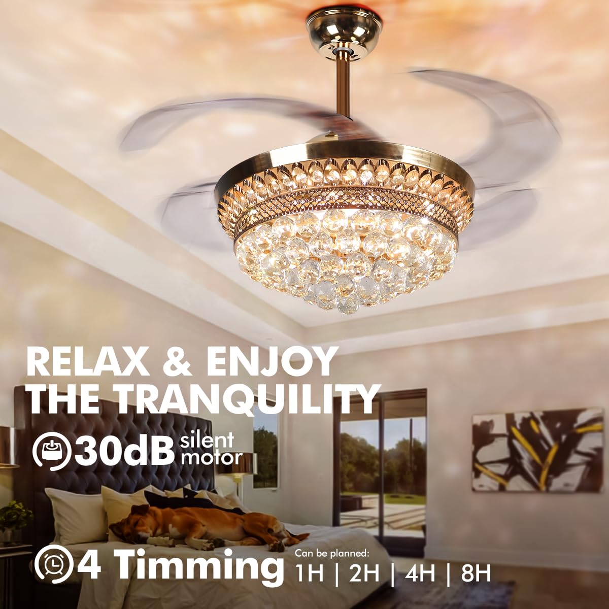 42 Inch Retractable Ceiling Fan with Light - Remote Control, French Gold Finish, Modern Luxury Crystal Chandelier Fan with 3 Adjustable Lights - Perfect for Bedroom, Living Room, and Restaurant Decor