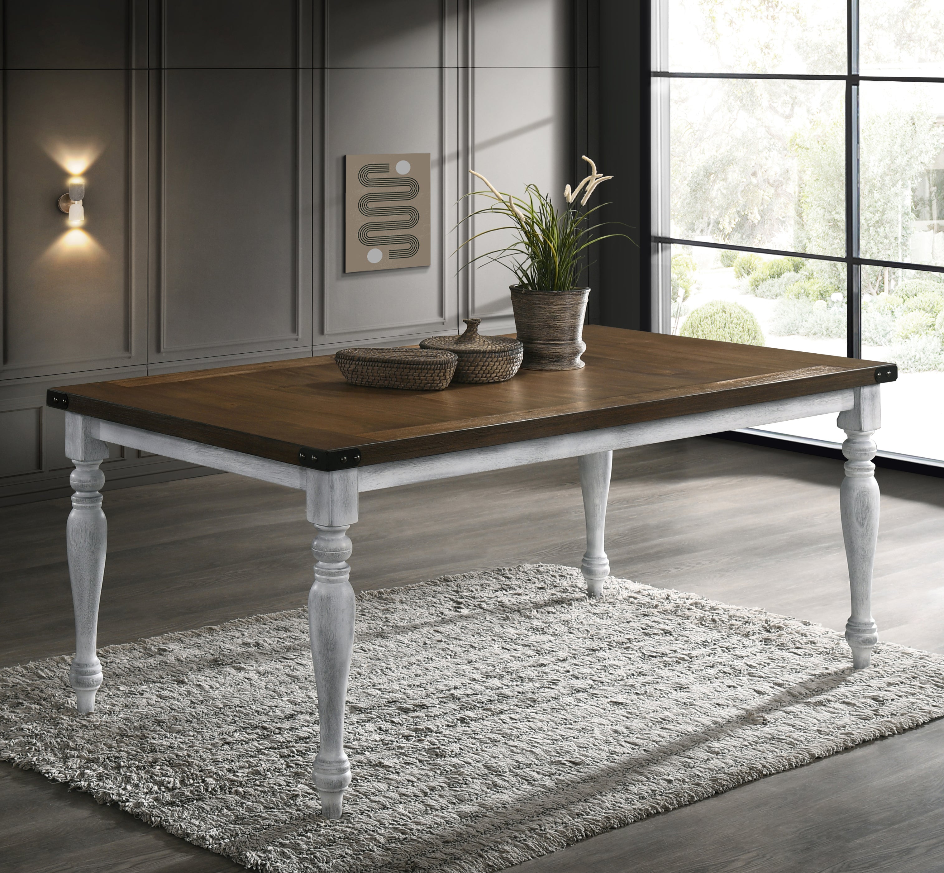 6-Piece Rustic White and Oak Dining Table Set with 4 Upholstered Chairs & Bench - Perfect for Farmhouse Kitchens, Dining Rooms & Small Space Entertaining