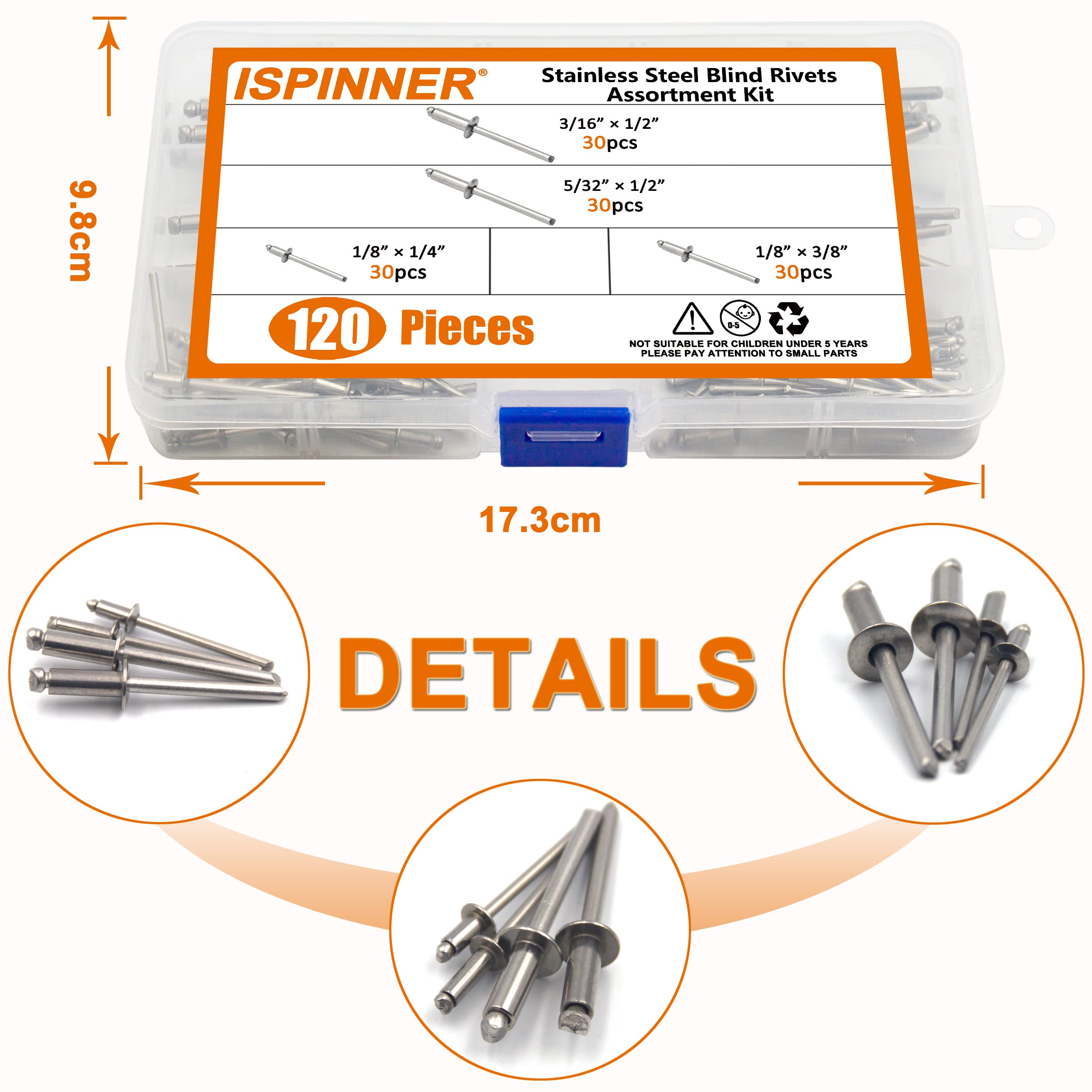 ISPINNER 120pcs 304 Stainless Steel Blind Rivets Assortment Kit - Pop Rivets for Metal, Plastic & Wood - Perfect for DIY, Automotive & Home Repair Projects