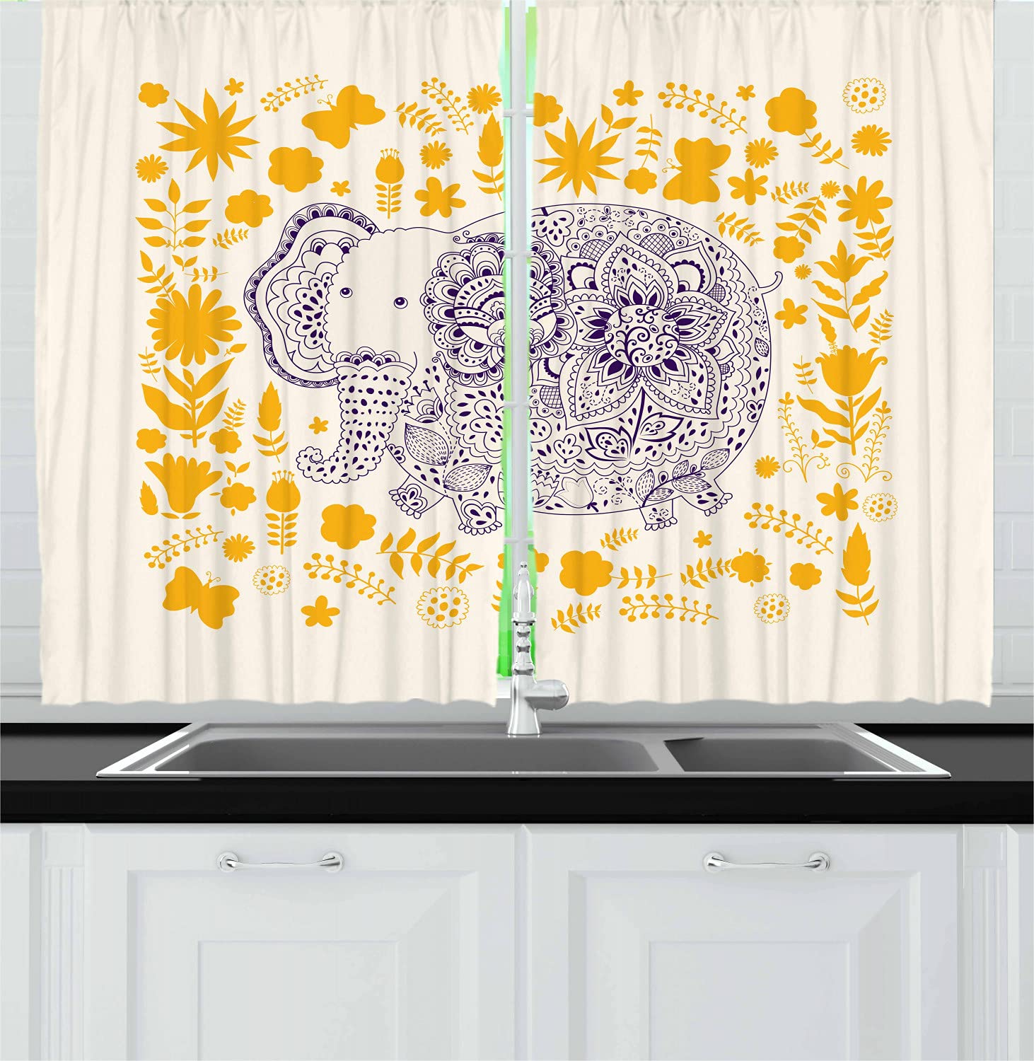 Ambesonne Floral Cartoon Kitchen Curtains - 2 Panel Window Drapes for Home Decor, 55