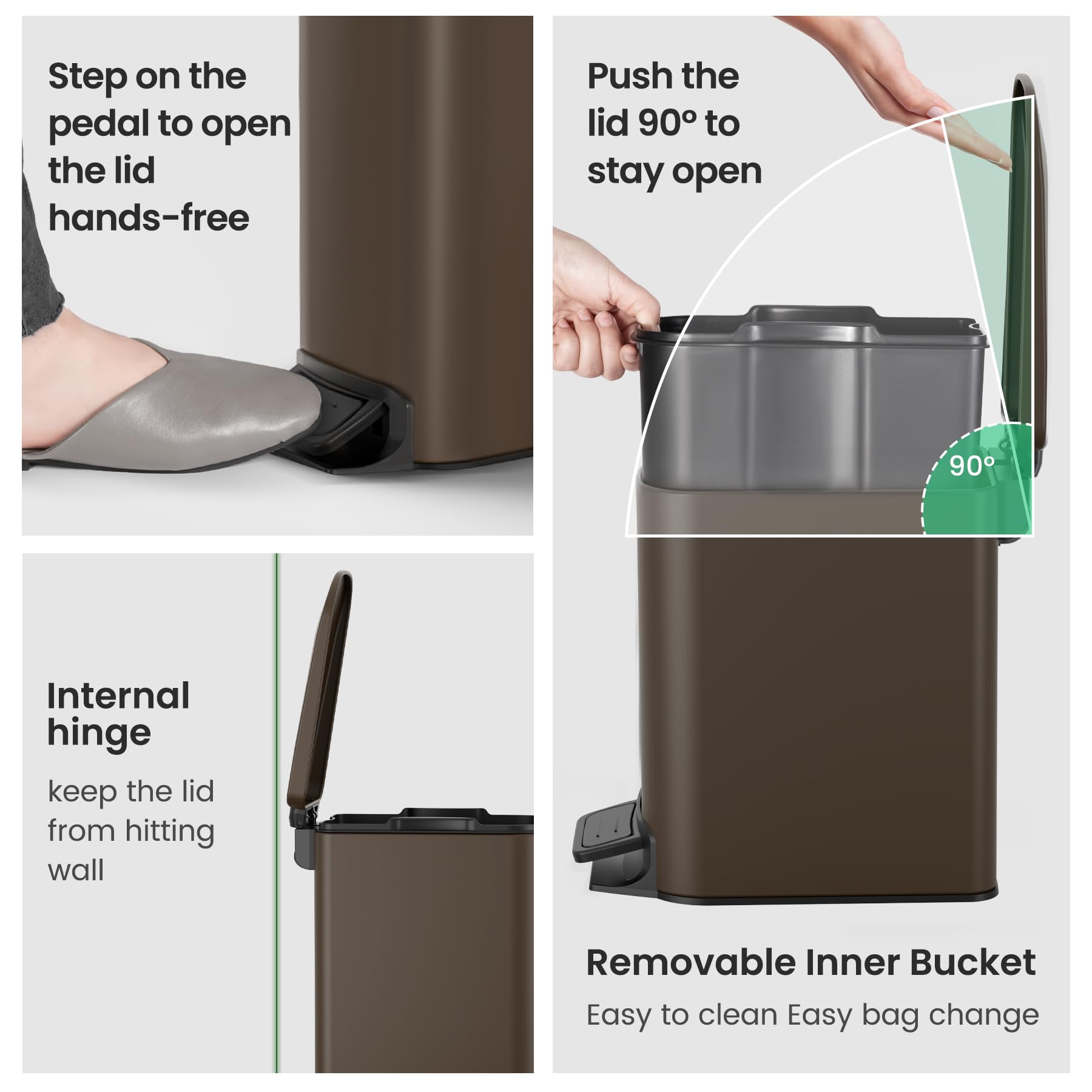Cesun 6L/1.6 Gallon Stainless Steel Bathroom Trash Can with Soft Close Lid & Step Pedal - Removable Inner Bucket, Anti-Fingerprint Finish (Brown) - Perfect for Bathrooms, Kitchens, Offices & Small Spaces
