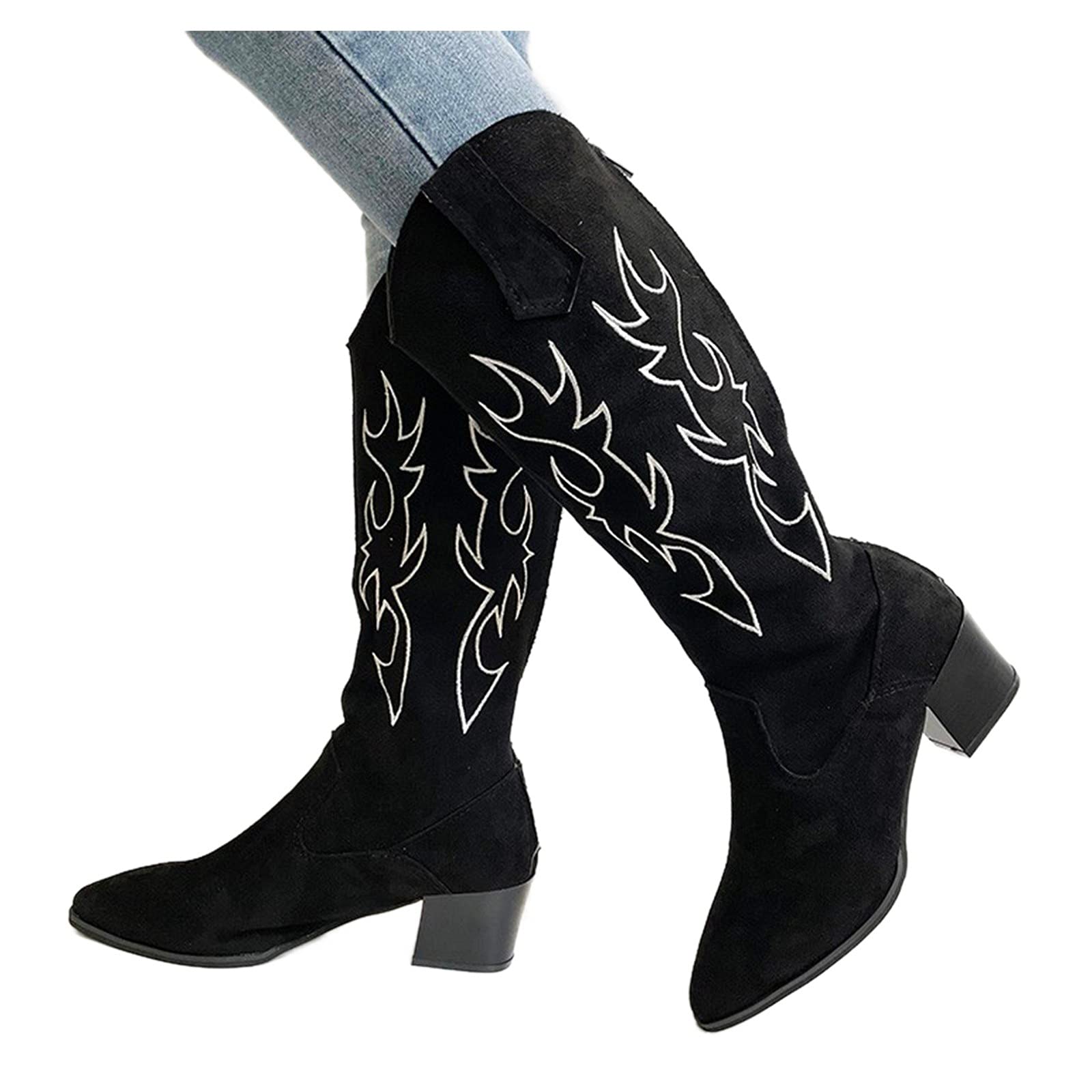 **Women's Knee High Wide Calf Cowboy Boots - Western Embroidered Retro Pointed Toe Cowgirl Boots with Low Heels for Casual Comfort | Perfect for Rodeo, Country Dancing & Everyday Wear**