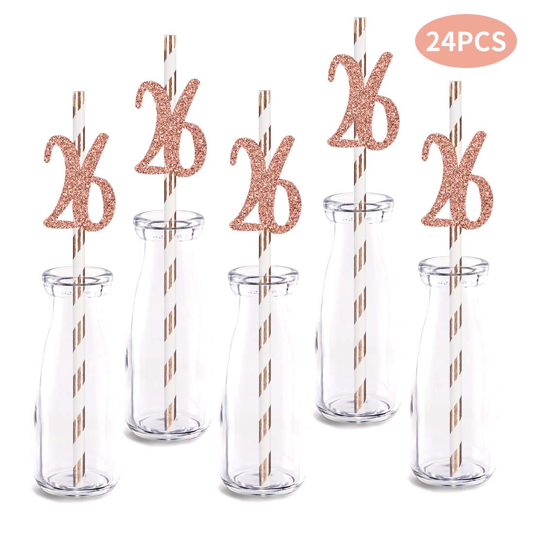 Rose Gold Glitter 26th Birthday Straw Decorations - 24pcs Cut-Out Number 26 Drinking Straws for Party Supplies | Perfect for Birthday Celebrations, Anniversaries & Special Events