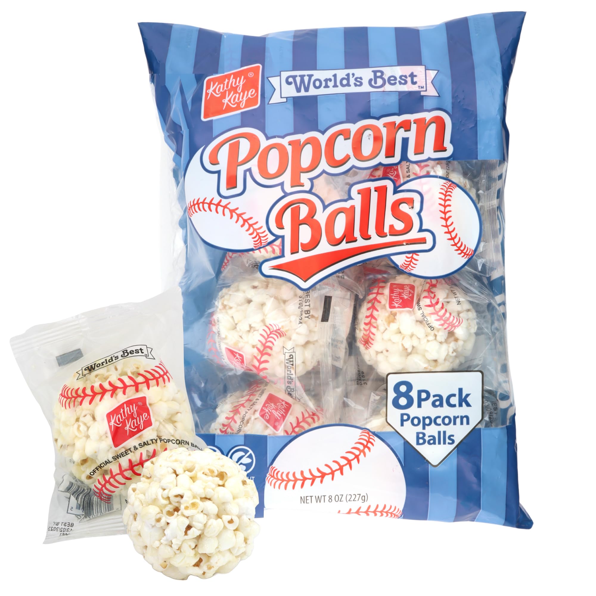 Kathy Kaye Baseball Themed Popcorn Balls - 8 Individually Wrapped Salty Snacks (8oz) - Perfect for Sports Parties, Game Day Snacks & Team Treats
