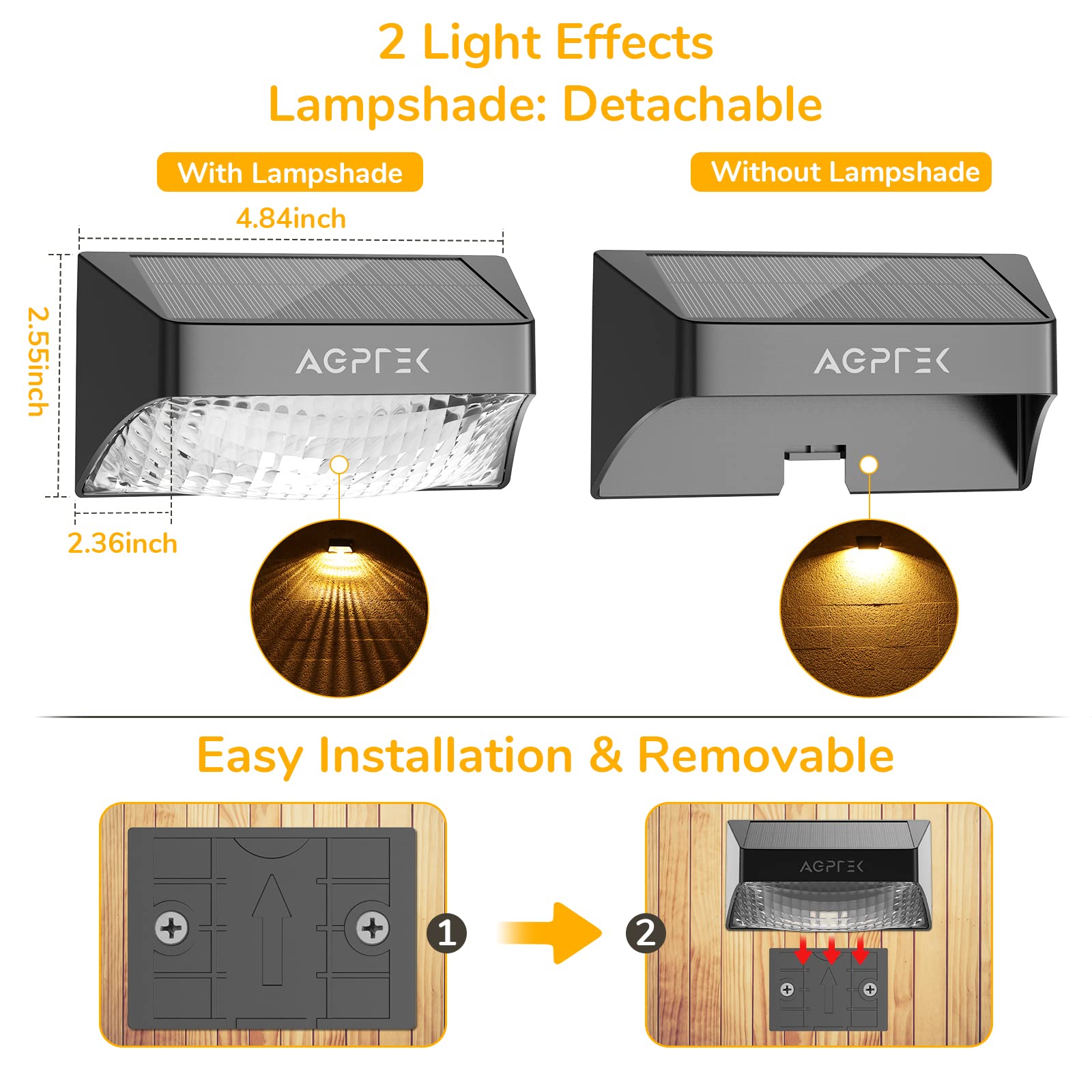AGPTEK 10 Lighting Modes Solar Fence Lights - Warm White, RGB Color Changing & Fixed Colors, IP65 Waterproof Outdoor Solar Wall Lights with Detachable Lampshade (8 Pack) for Yard, Patio, Garden, Pathway, and Step Lighting