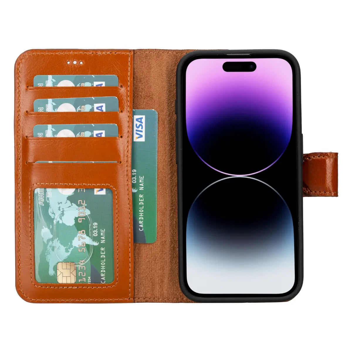 Premium Burnished Tan Leather Wallet Case for iPhone 15 Pro - Slim Protective Cover with Card Slots | Perfect for Everyday Use, Travel & Business Meetings