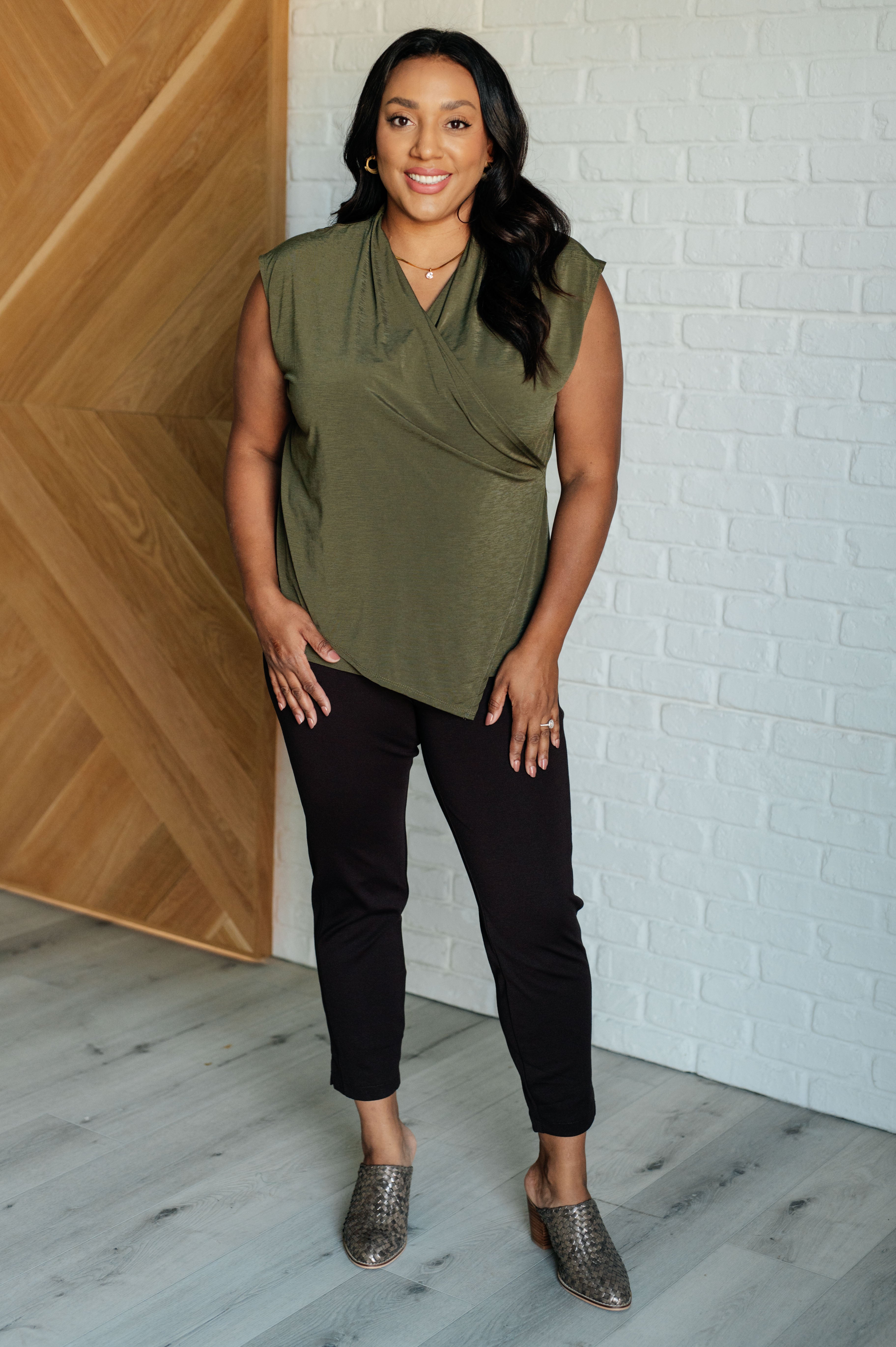 Classic Olive Surplice Front Top for Women - Elegant V-Neck Blouse for Casual & Office Wear | Perfect for Layering, Date Nights & Work Outfits