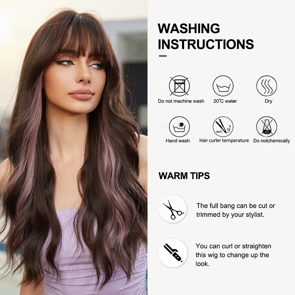 Stylish Brown Wig with Pink Highlights for Women - Perfect for Cosplay, Halloween, and Daily Fashion