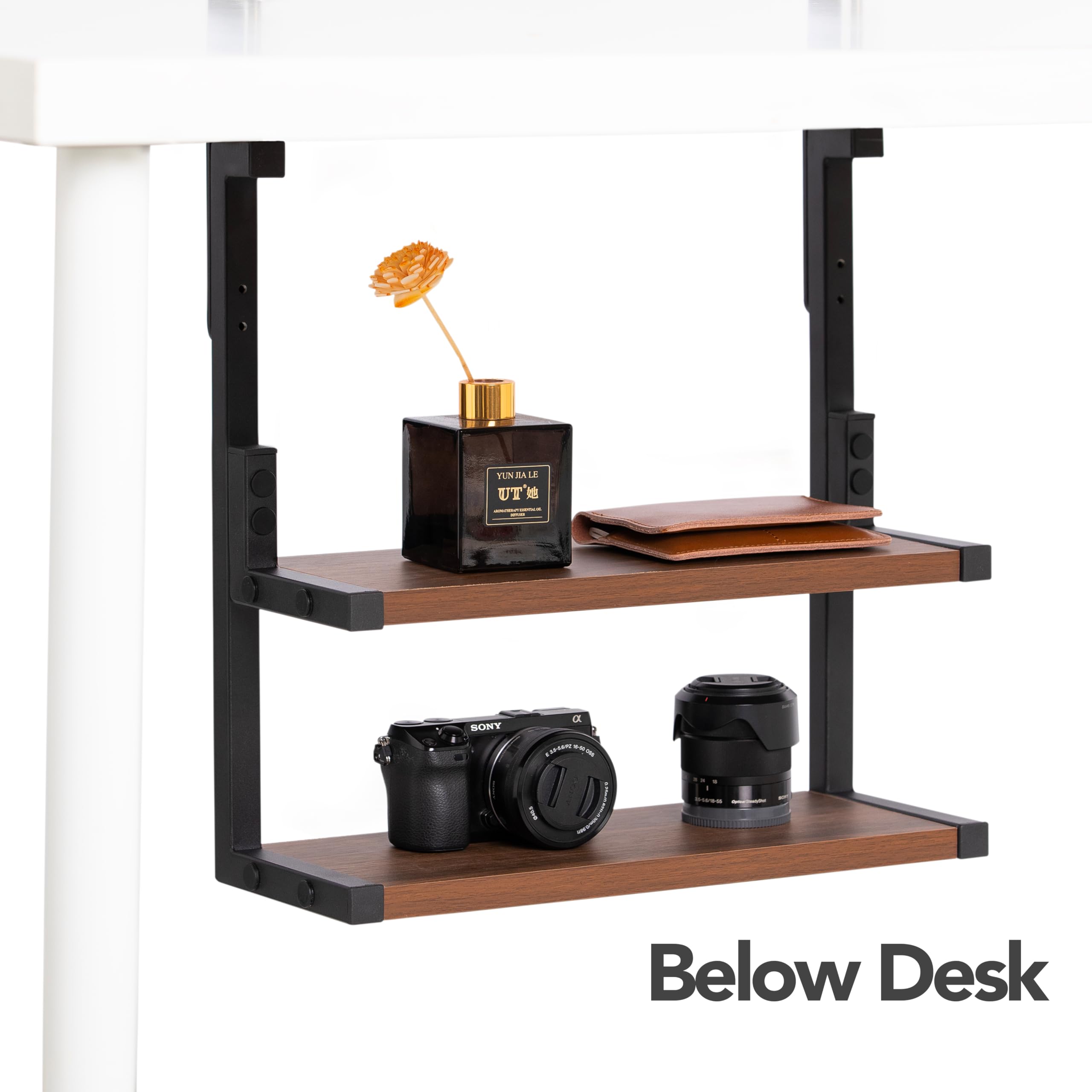 2-Tier Clamp On Desk Shelf Organizer - 15.7x5.9 Inch Under Desk Storage Tray | Space Saving Workspace Solution for Office & Home | Perfect for Laptop Stand, Monitor Riser or Desk Organization