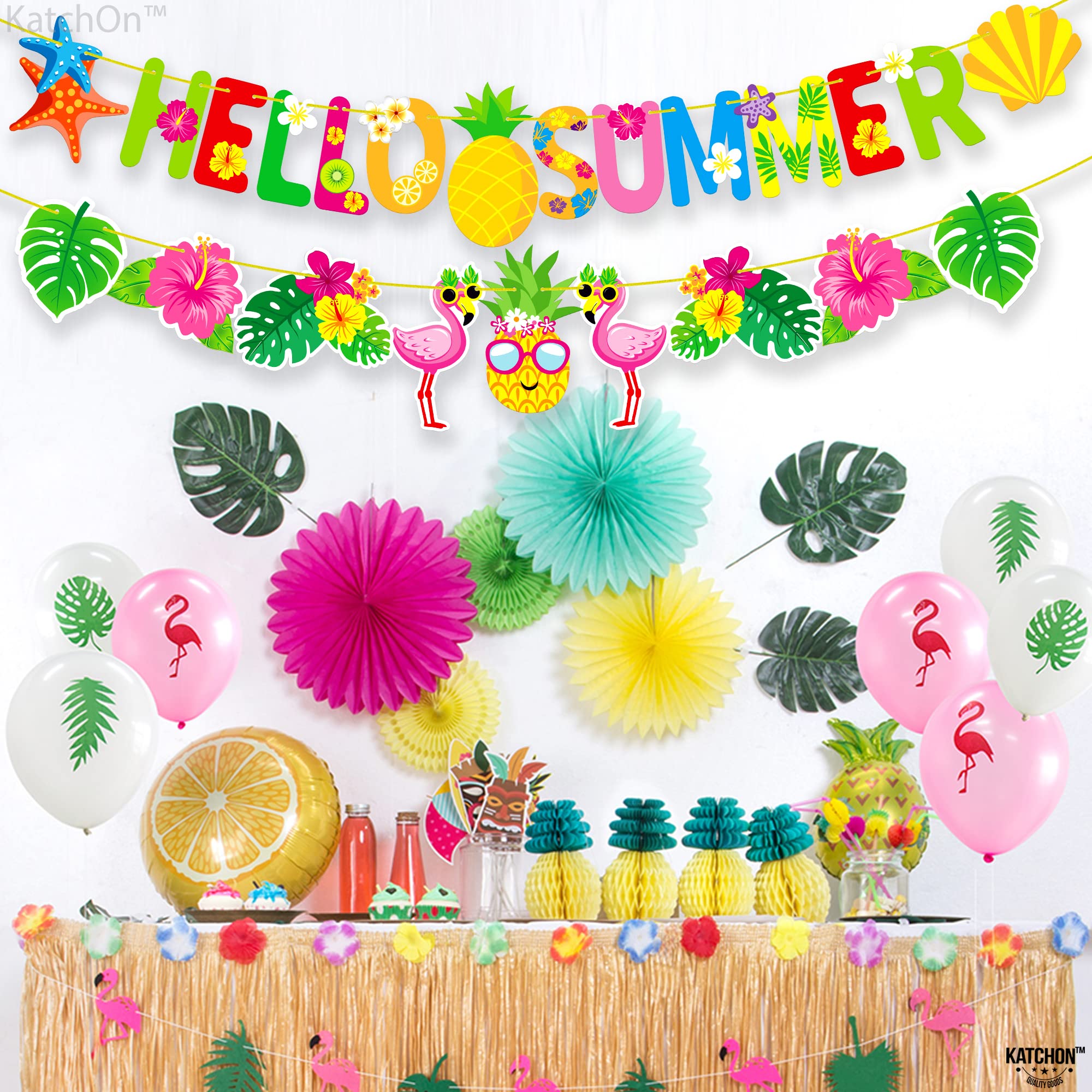 KatchOn Pre-Strung 10ft Hello Summer Banner - Flamingo Garland for Luau, Beach & Tropical Party Decorations | Perfect for Summer Parties, Backyard BBQs & Poolside Celebrations