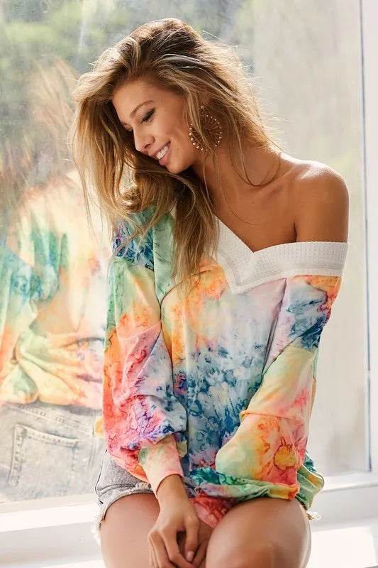 BiBi Tie Dye Soft Knit Jersey V-Neck T-Shirt for Women | Comfortable Casual Summer Top | Perfect for Beach, Music Festivals & Everyday Wear