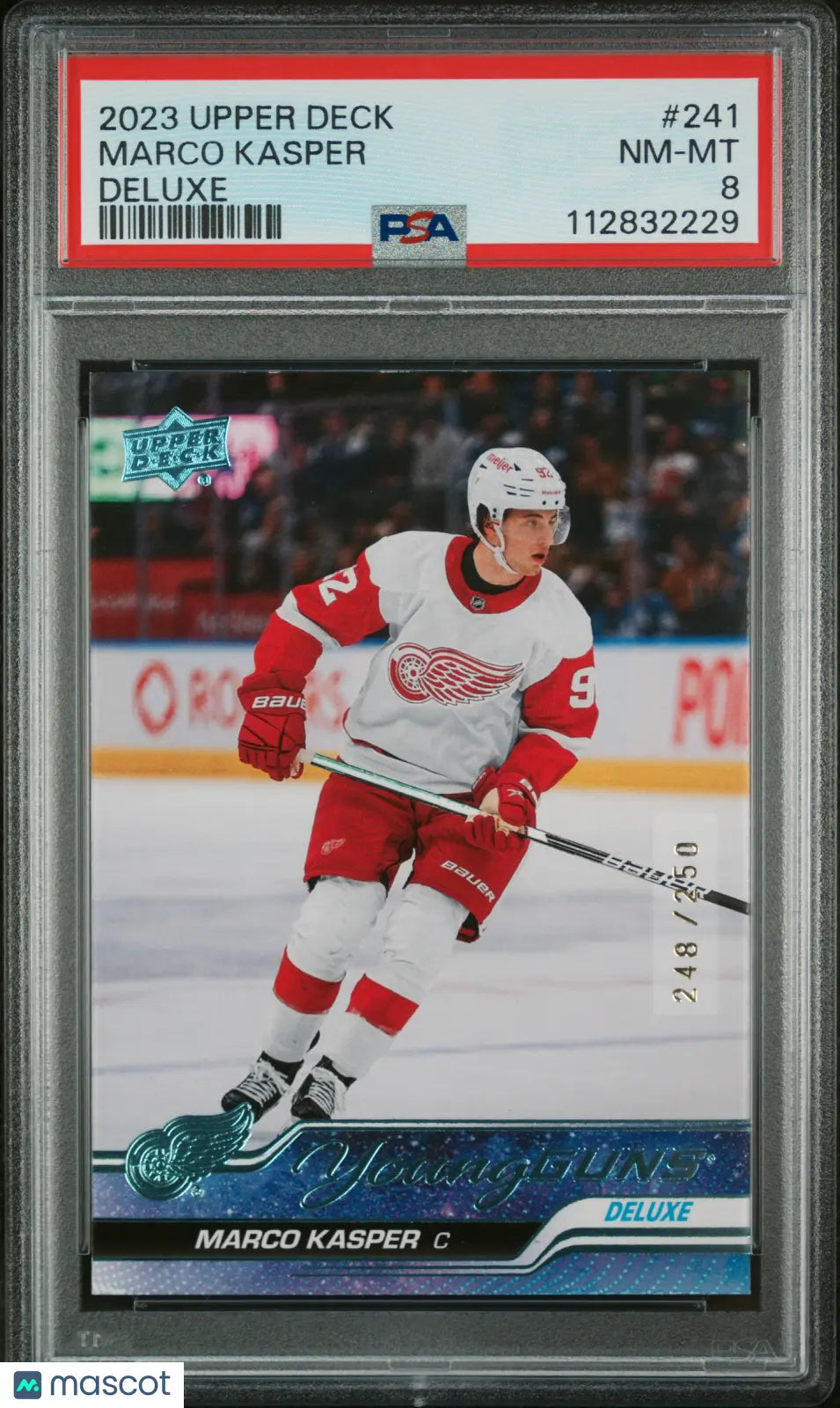 2023 Upper Deck Series 1 Marco Kasper Young Guns Rookie Card Deluxe PSA 8 /250 - Perfect for Hockey Collectors & Sports Memorabilia Enthusiasts