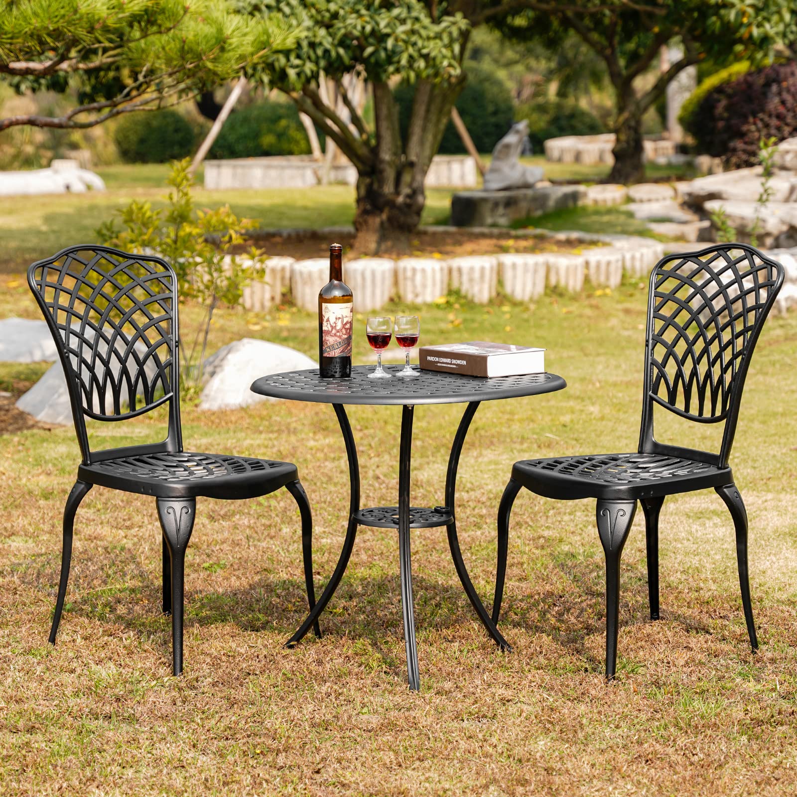 3-Piece Outdoor Bistro Set - Rust-Resistant Cast Aluminum Patio Table and 2 Chairs - Black Garden Furniture for Small Spaces, Balcony, Courtyard or Cafe Style Dining
