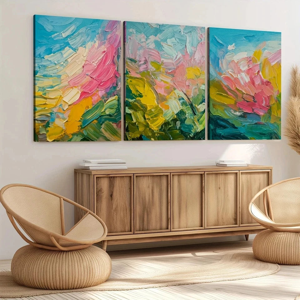 3-Piece Abstract Nature Wall Art Set - Blue, Pink & Yellow Framed Canvas Prints (40x60cm) | High Quality Australian Made Ready-to-Hang Wall Decor for Living Room, Bedroom & Office