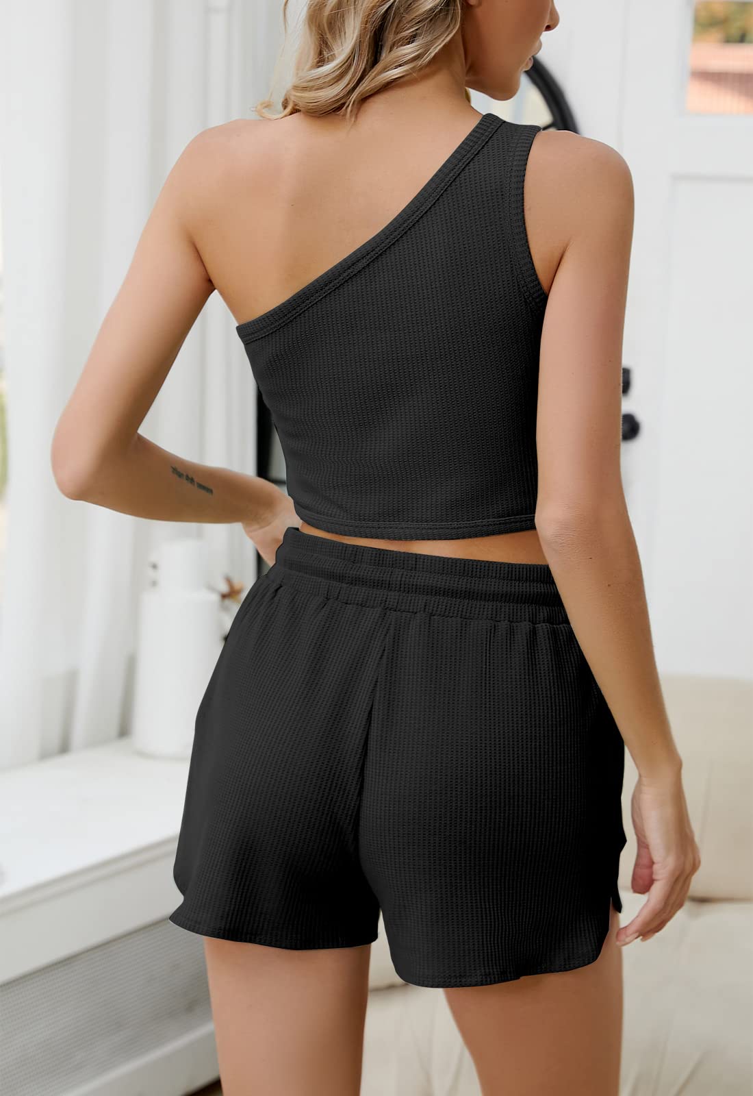 Lamilus Women's 2-Piece Lounge Set - Sleeveless Crop Top & Shorts Summer Outfit, Waffle Knit Active Sweatsuit with Pockets | Perfect for Yoga, Gym, Travel & Casual Wear
