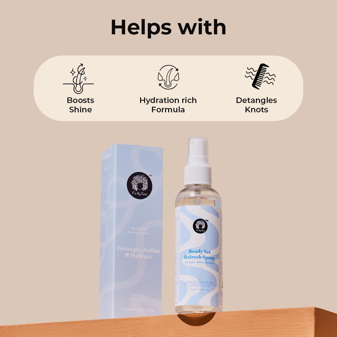 Fix My Curls Hydrating Hair Defining Refresh Spray - Silicone & Alcohol Free for Wavy, Curly, Fine Hair | Anti-Frizz & Detangling with Aloe Vera | Perfect for Daily Styling, Travel & On-the-Go Hair Refresh (100ml)