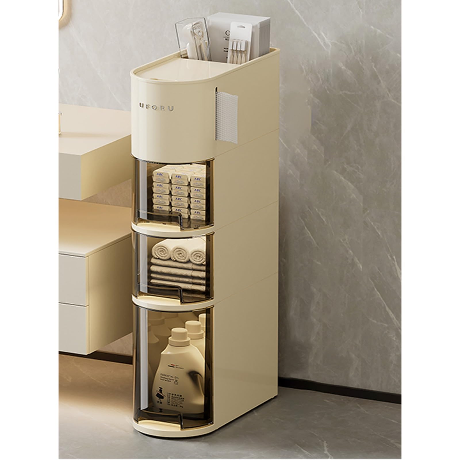 Narrow Bathroom Storage Cabinet on Wheels with Drawers - Plastic Rolling Side Cabinet for Small Spaces, Heavy Duty Floor Organizer | Perfect for Bathroom, Kitchen, Laundry Room & Closet Organization