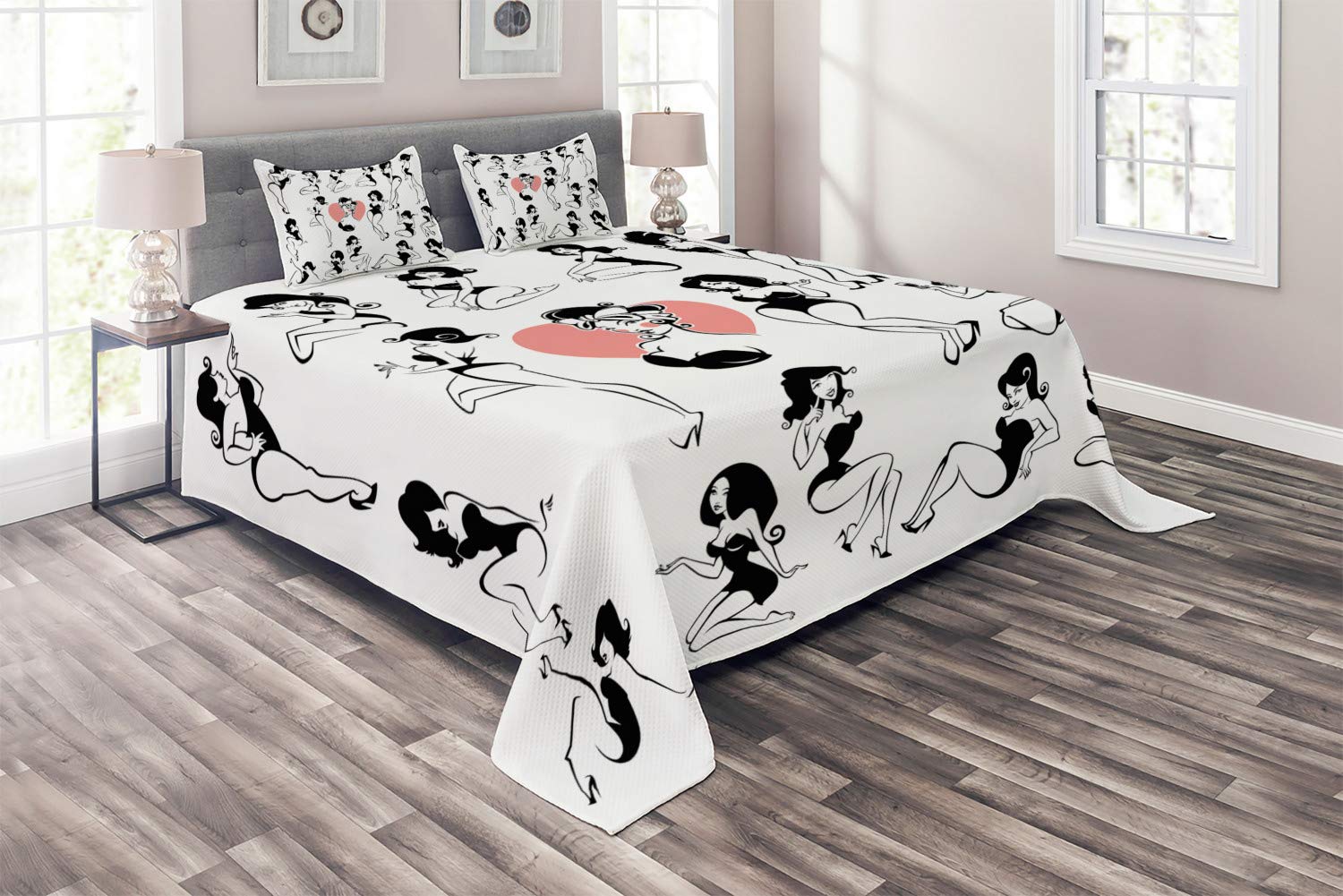 Ambesonne 3-Piece King Size Quilted Bedspread Set with 2 Pillow Shams - Fashion Coverlet Featuring Full Body Girl Model with Heart Tattoo Design in Black & White | Luxury Bedding for Master Bedroom, Guest Room & Photo Shoot Backdrops