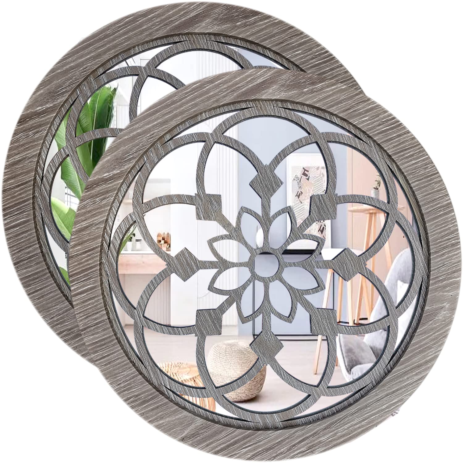 Wocred 2-Pack 20 Inch Round Wall Mirror - Rustic Farmhouse Decor, Barn Wood Frame - Perfect for Bathroom, Bedroom, Living Room & Entryway Decor | Home Renovation & Interior Design Accent Piece
