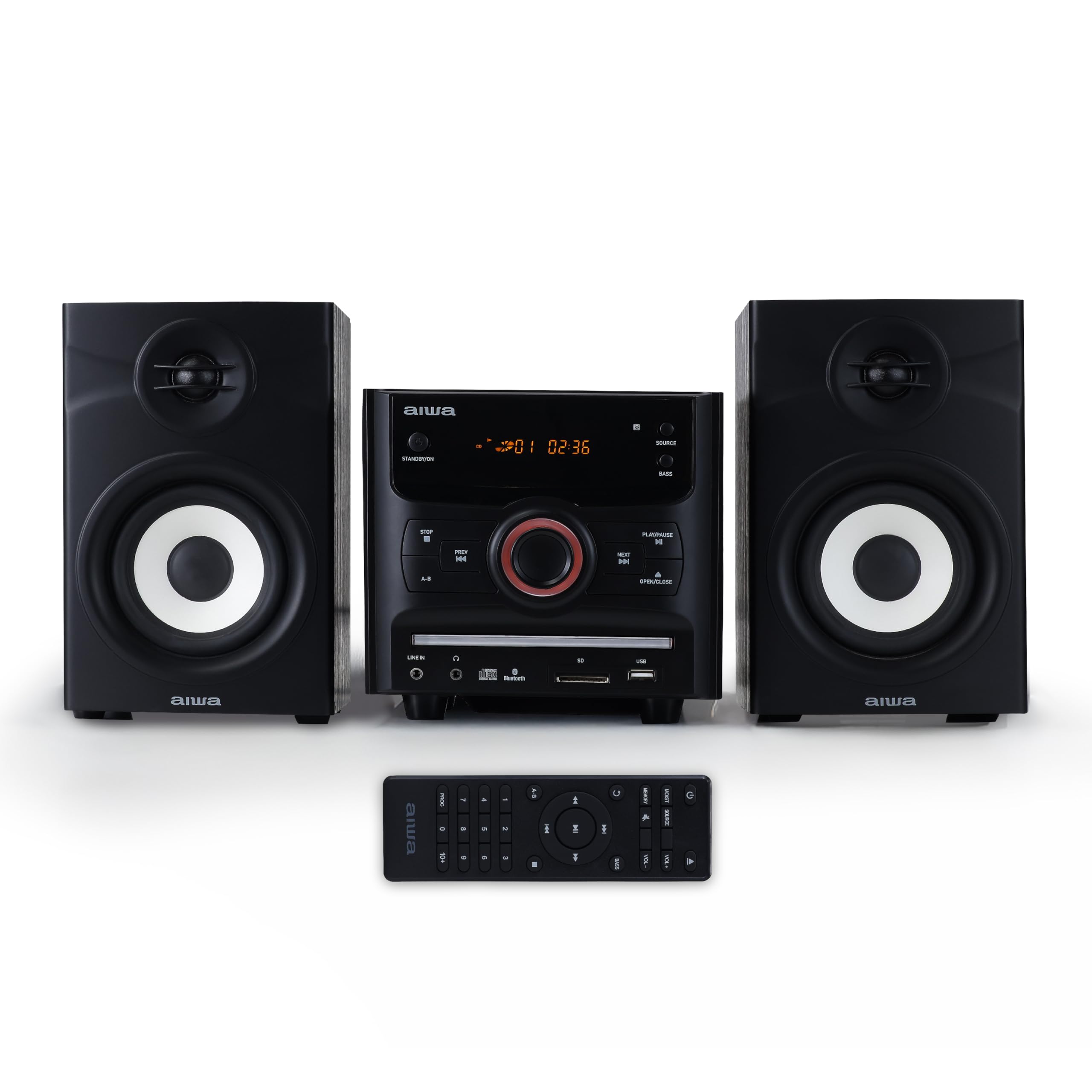 Aiwa 60W Bluetooth Stereo System with Bookshelf Speakers - CD Player, FM Radio, USB/AUX Input, Hi-Fi Sound for iPhone, Android, Tablet & PC - Perfect for Bedroom, Office and Home Entertainment