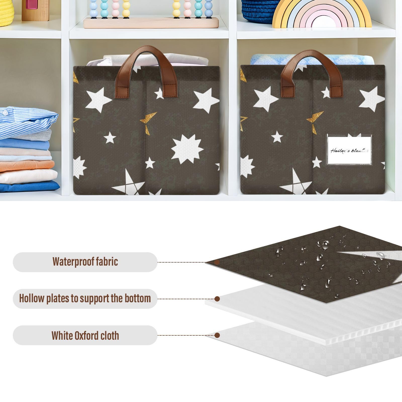 Minimalist Brown Star Fabric Collapsible Storage Baskets with Handles - 2 Pack Organizer for Books, Shelves & Closet | Perfect for Home, Office & Nursery Organization