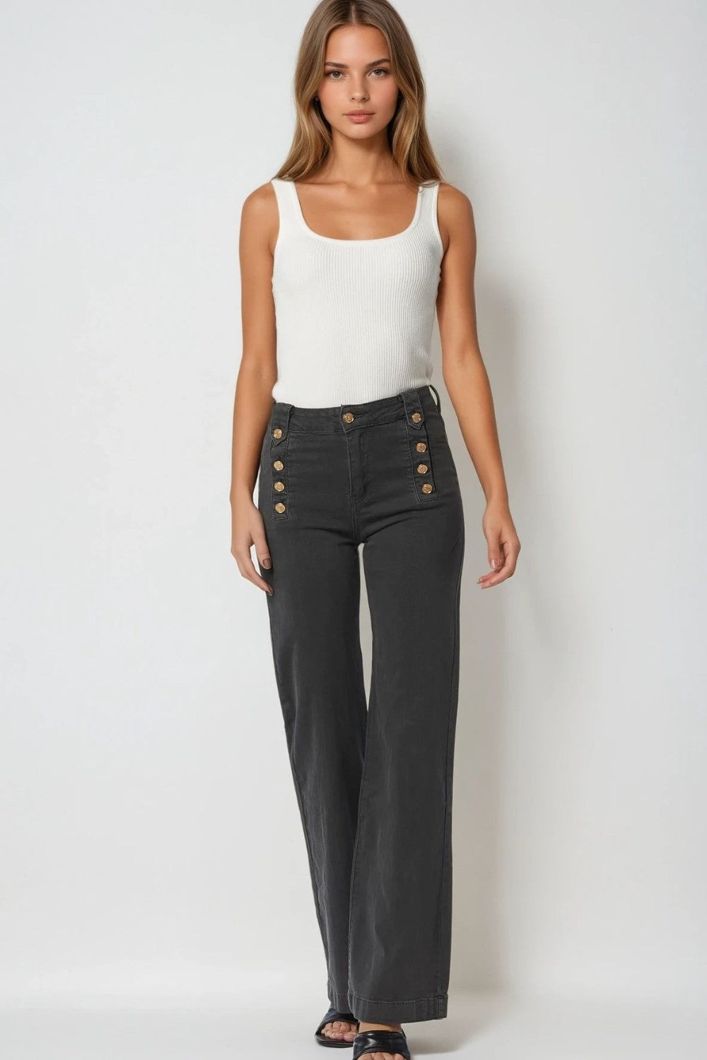 Dark Gray High Waist Button-Fly Jeans for Women - Classic Straight Leg Denim Pants with Gold Side Buttons | Perfect for Casual Outfits, Office Wear & Date Nights