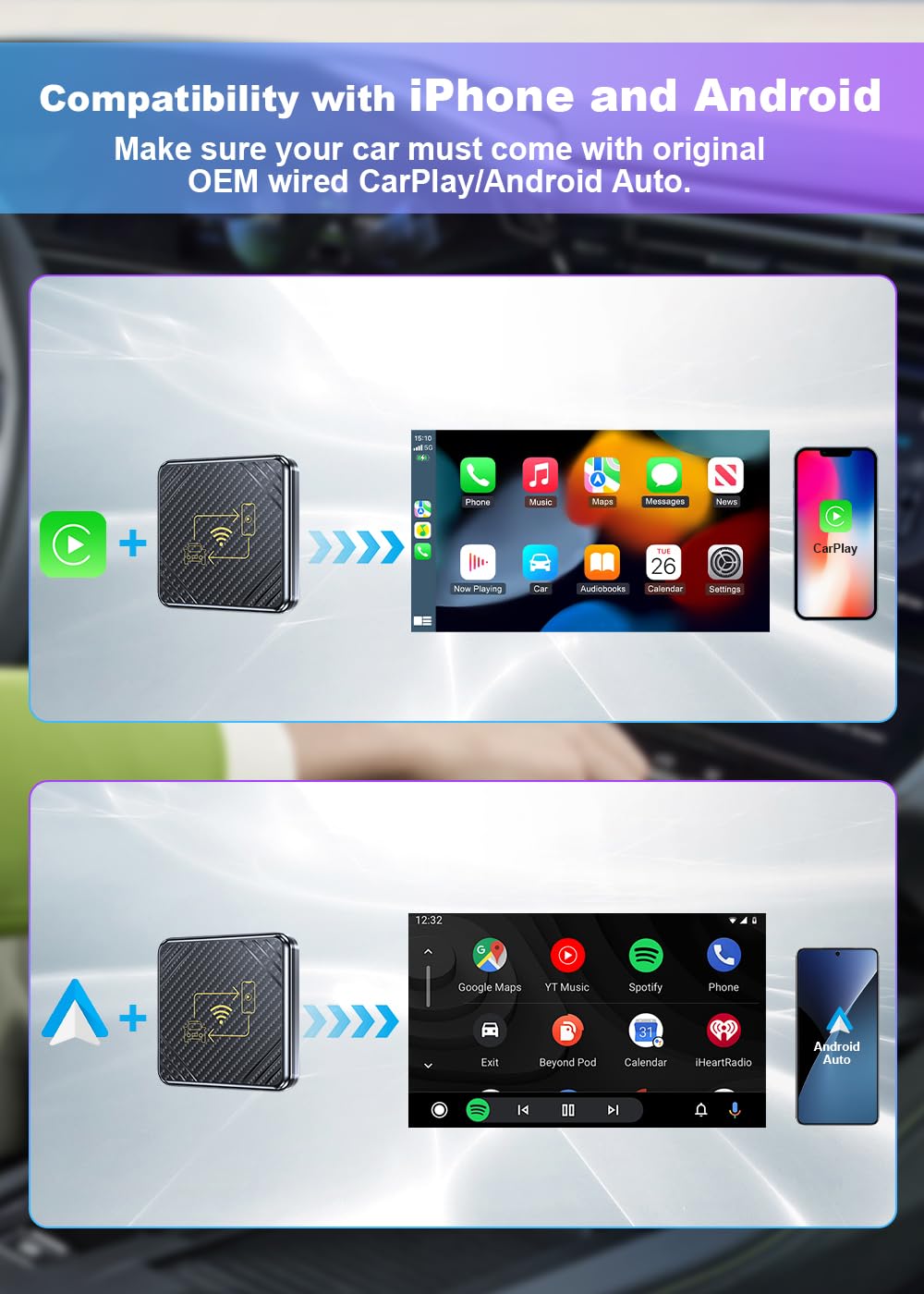 Wireless CarPlay & Android Auto Adapter 2-in-1 - Plug and Play USB Dongle for Factory Wired Cars (2015+ Models) - Compatible with 800+ Vehicles - Seamless Smartphone Connectivity for Safer Driving - Perfect for Commuting, Road Trips & Hands-Free Navigation (Black)