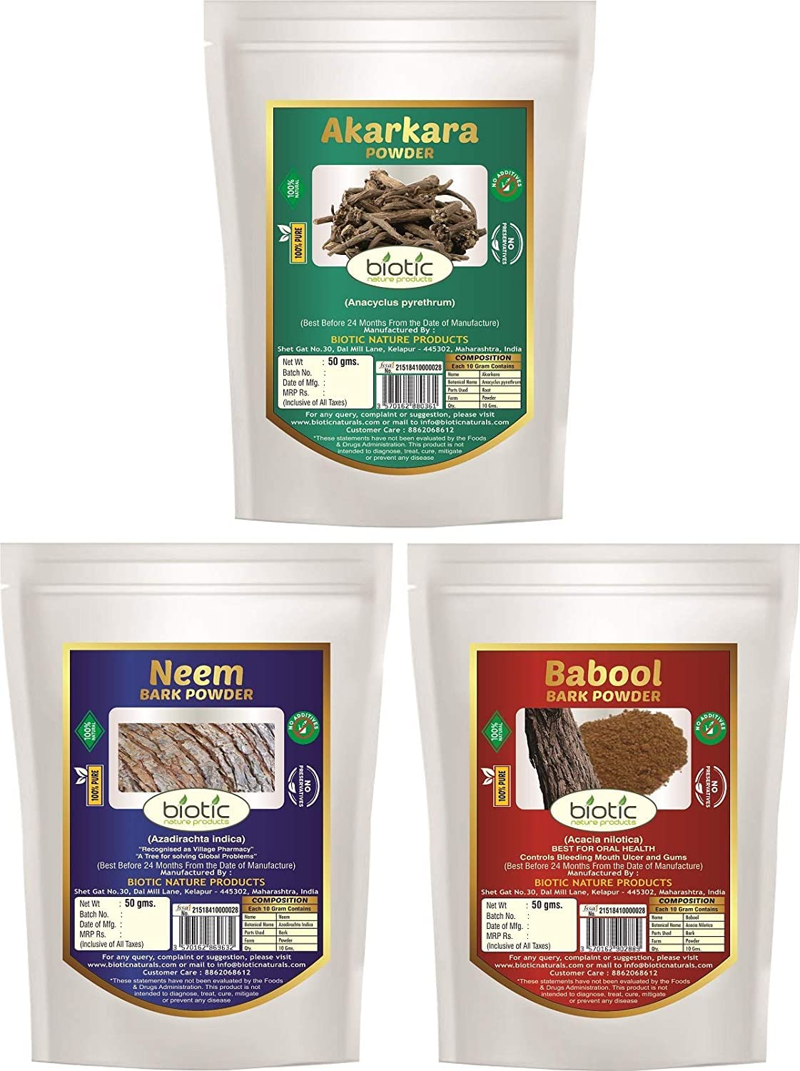 Organic Neem Bark Powder, Babool Bark Powder & Akarkara Powder Trio - 150g Herbal Supplement for Skin Care, Hair Growth & Ayurvedic Remedies - Perfect for DIY Beauty, Natural Healing & Holistic Wellness