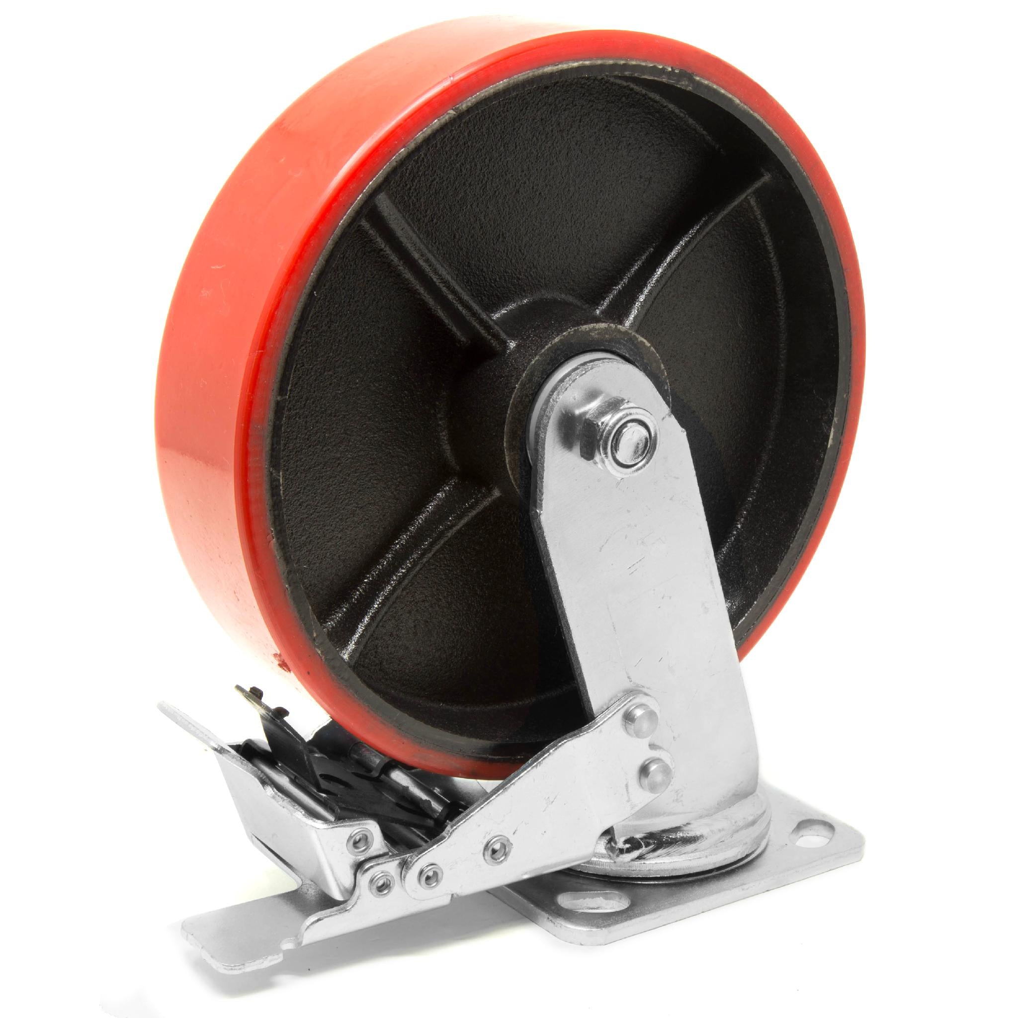 WEN CA7998B 8-Inch Heavy Duty 1100 lb Capacity Double Bearing Cast Iron & Polyurethane Swivel Caster Wheels with Brake - Ideal for Industrial Equipment, Workbenches, and Warehouse Carts