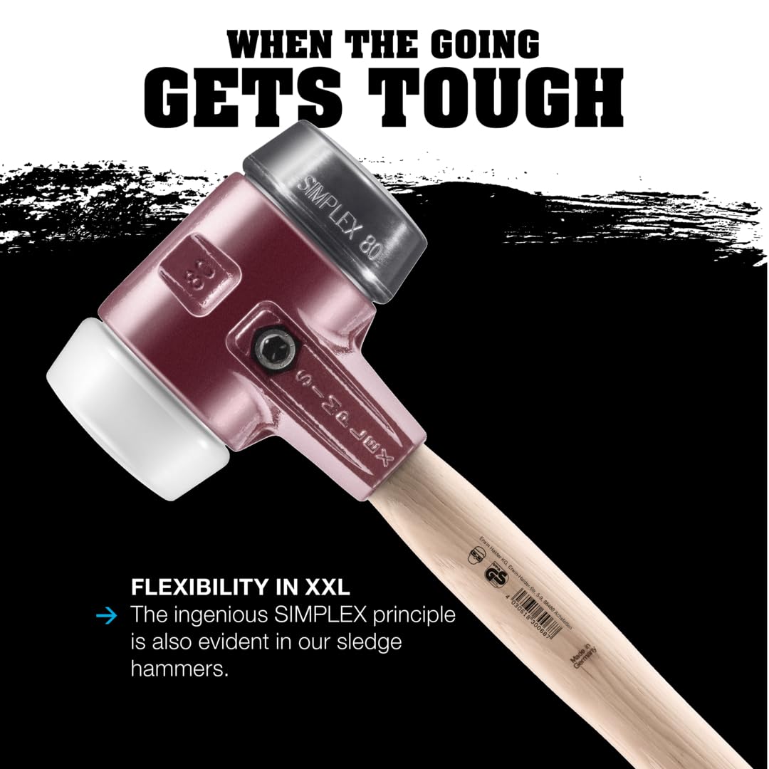 Halder Simplex Sledgehammer with Medium-Hard Rubber Inserts - Cast Iron Housing & Handle Protection Sleeve - Varnished Wooden Handle (80mm, 7.2 lbs) - Ideal for Construction, Demolition & Heavy-Duty DIY Projects