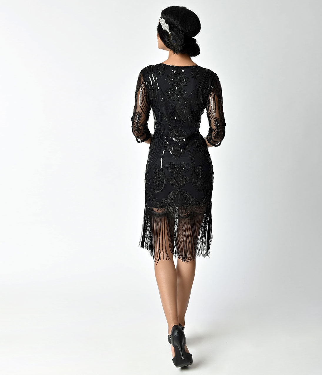 Vintage 1920s Black Beaded Sequin Flapper Dress with Fringe Sleeves - Roaring 20s Gatsby Party, Speakeasy Costume, Jazz Age Evening Gown for Women