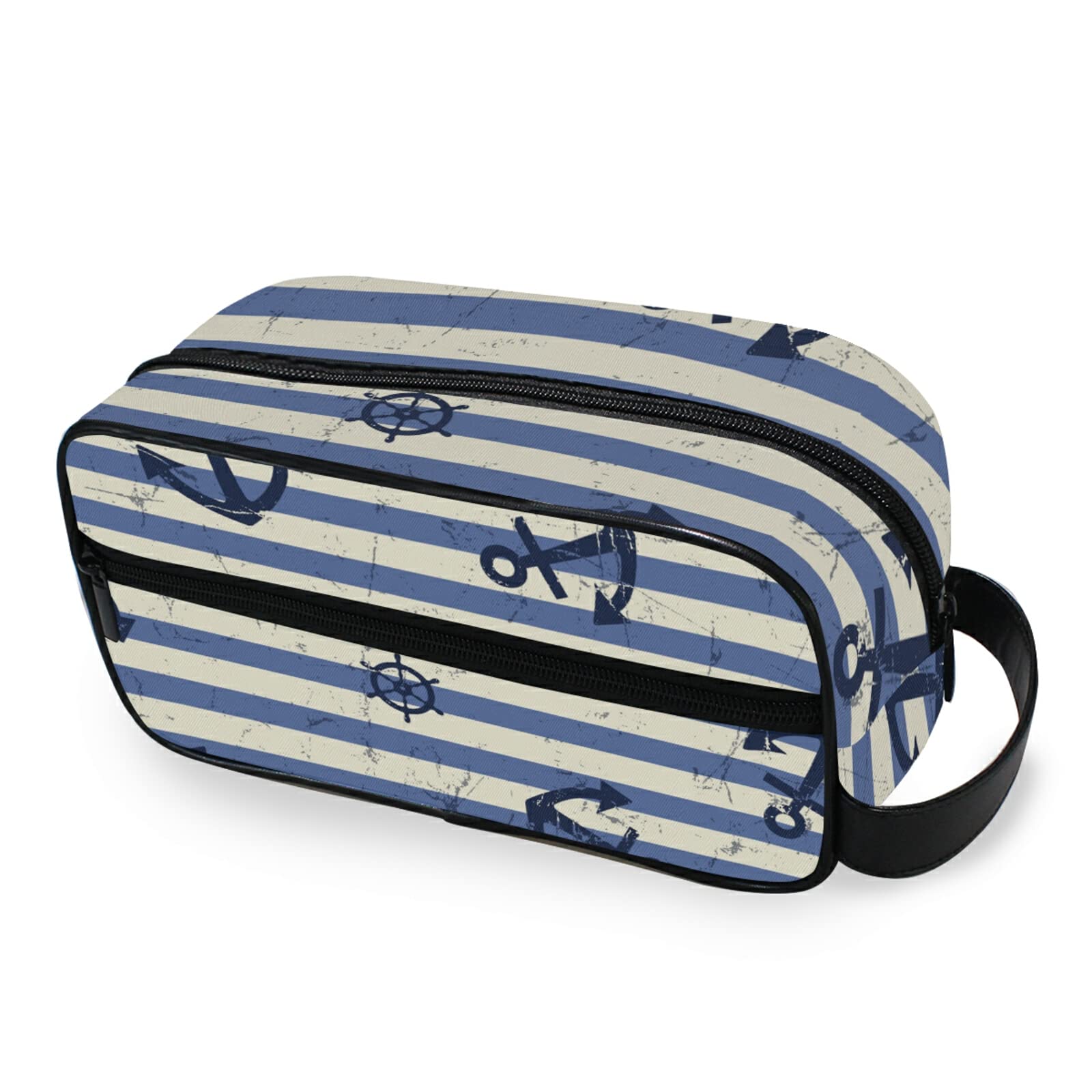 Large Capacity Waterproof Makeup Organizer Bag - Retro Stripes Navy Blue Anchor Design, Travel Cosmetic Case & Toiletry Storage Pouch for Women | Perfect for Travel, Gym, Beach & Daily Use
