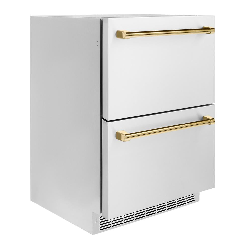 ZLINE Autograph Edition 24 Inch Stainless Steel Outdoor Refrigerator Drawer - Dual Zone 168 Can Capacity with Polished Gold Handles (RDSOZ ST 24 G) - Perfect for Outdoor Kitchens, Patios, and Entertaining Areas