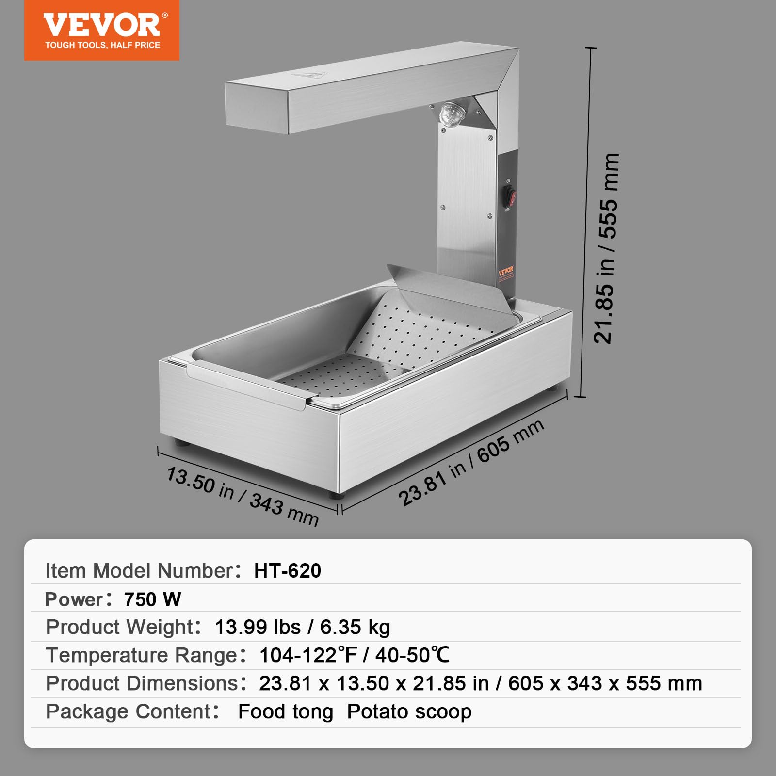 VEVOR Commercial Stainless Steel Food Warmer with Heating Lamp - 104-122°F Electric French Fry Warmer for Restaurants, Buffets & Kitchens | Perfect for Keeping Fries, Chips & Snacks Warm at Food Stations