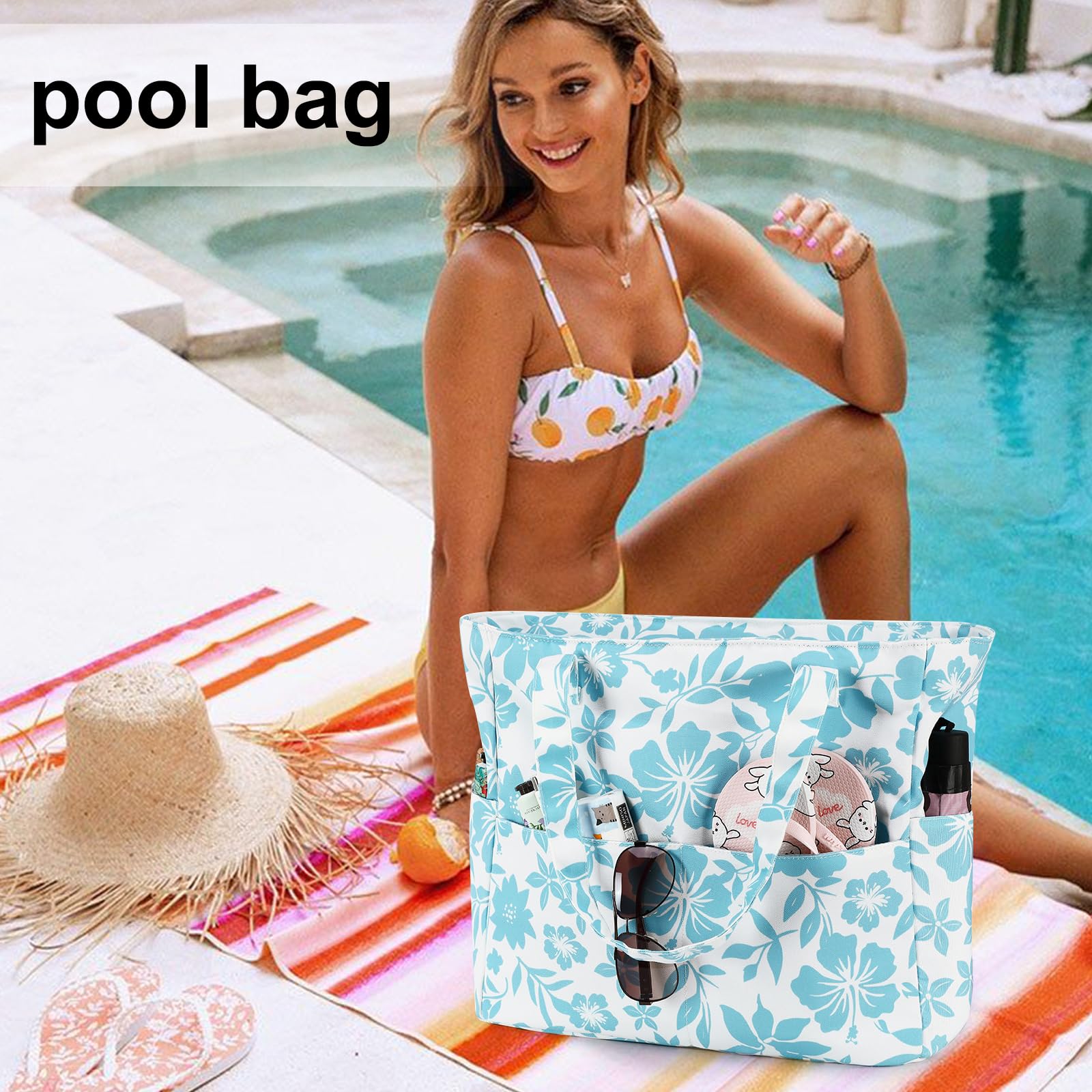 LEDAOU Large Waterproof Beach Tote Bag for Women - Sandproof Zippered Pool & Gym Bag with Wet Pocket - Perfect for Beach, Travel, Shopping & Groceries