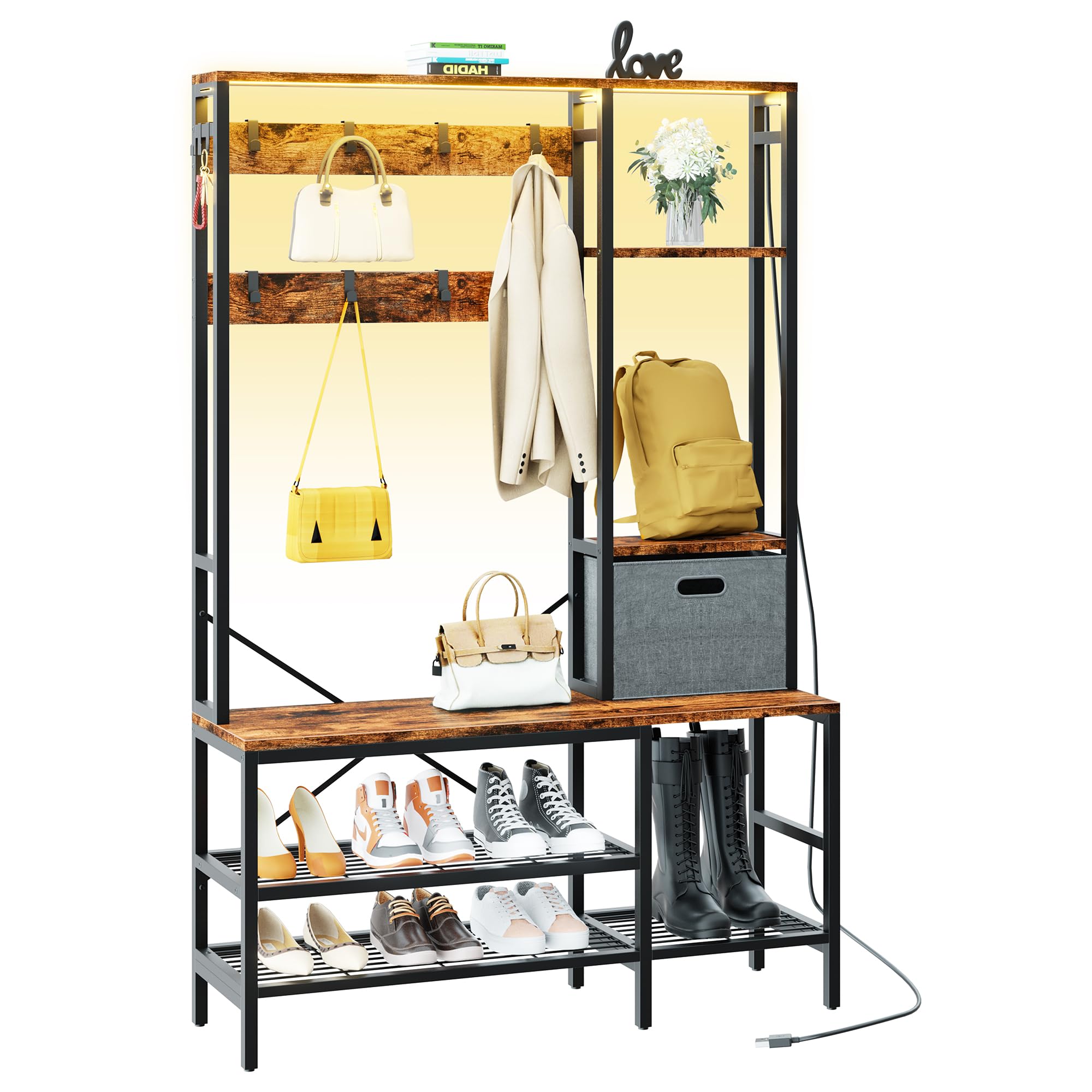 Shintenchi 5-in-1 Modern Hall Tree Coat Rack with LED Lights, Bench Shoe Storage & Removable Hooks - Entryway Organizer with Storage Basket for Hallway, Bedroom or Living Room (Brown) - Perfect for Small Spaces & Home Decor