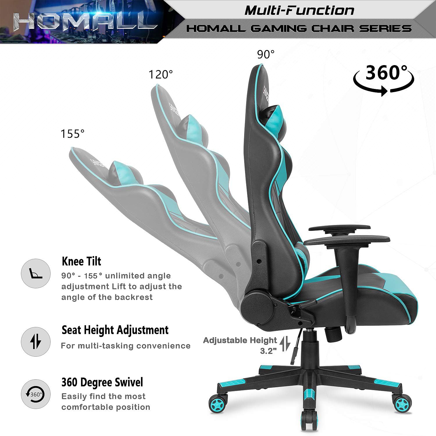 Homall Ergonomic Gaming Chair - High Back Office Chair with Adjustable Headrest & Lumbar Support, Leather Computer Desk Chair for Racing, Executive & Home Use (Cyan) - Perfect for Gaming, Working & Relaxing