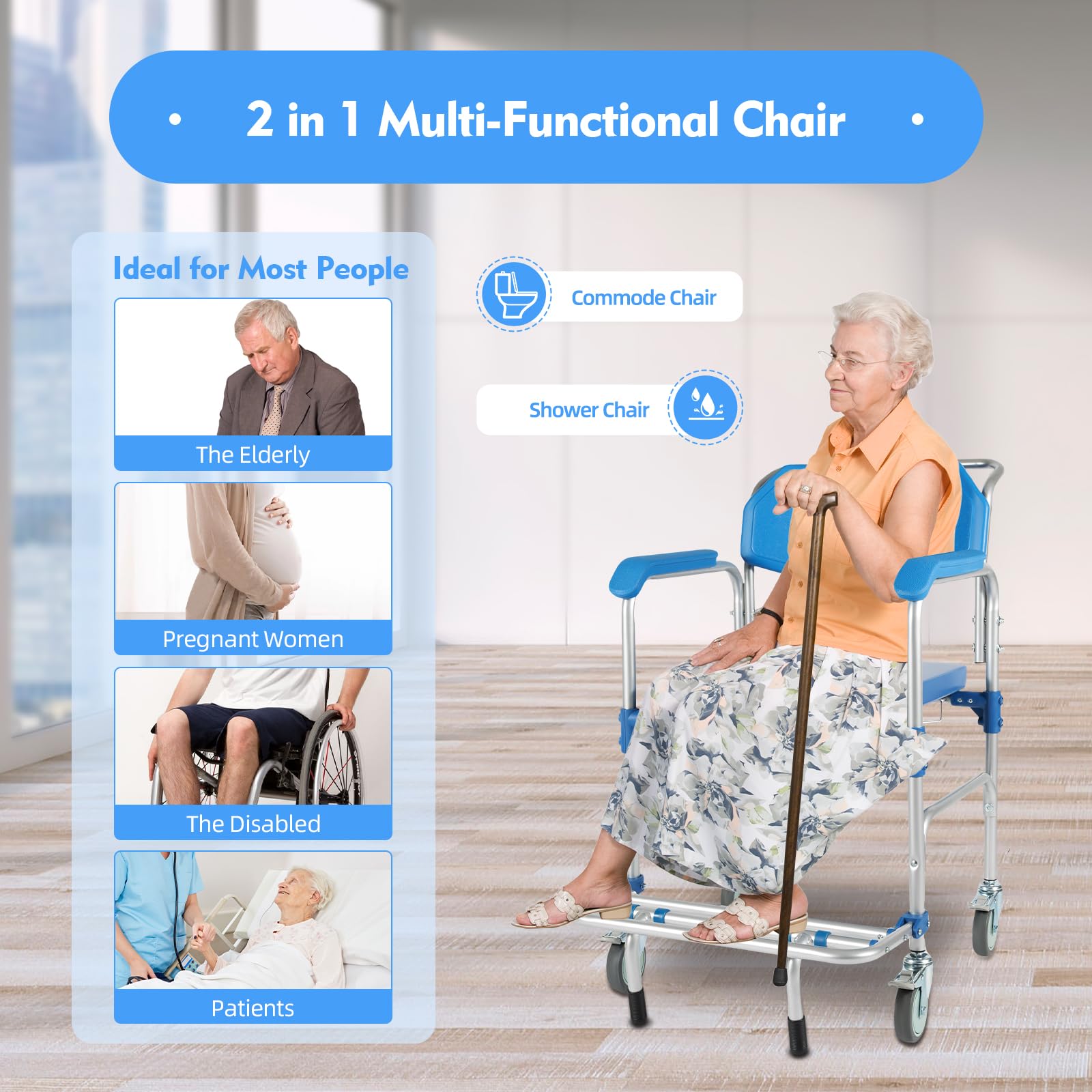 Portable Aluminum Wheelchair Shower Commode Chair with Casters - Lightweight Medical Mobility Aid for Elderly & Disabled - Ideal for Bathroom Safety, Home Care & Assisted Living Facilities
