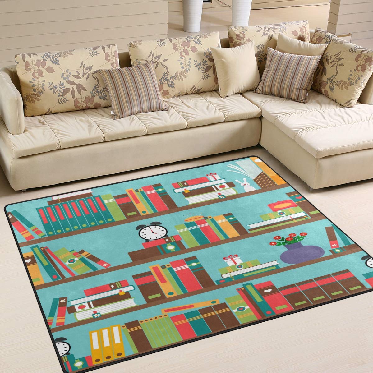 ALAZA Cartoon Stylish Bookshelf Bookworm Area Rug - 7' x 5' Non-Slip Living Room & Bedroom Rug - Perfect for Kids Room, Nursery, and Reading Nook Decor