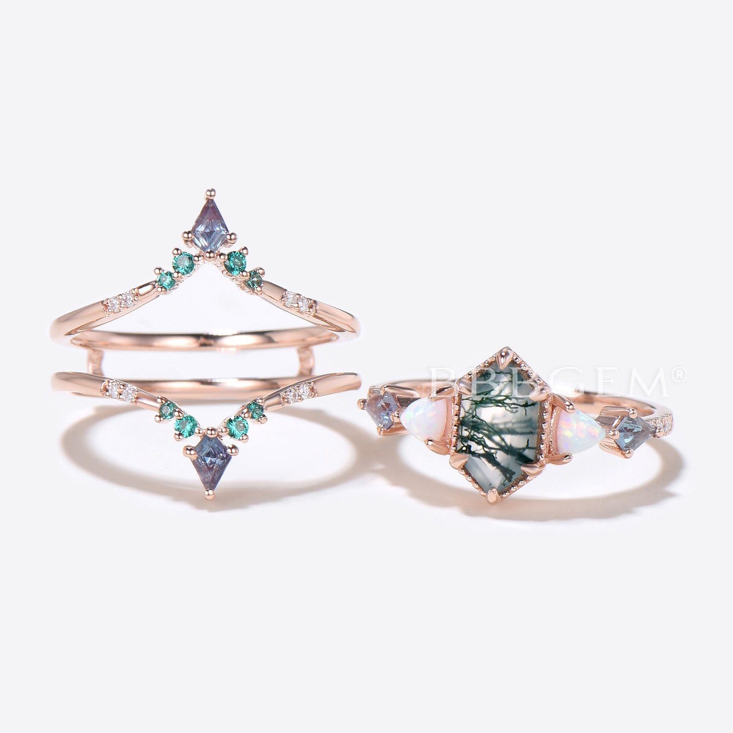 Hexagon Moss Agate Engagement Ring Enhancer & Guard Ring Set - Perfect for Bridal Jewelry, Wedding Bands, and Anniversary Gifts