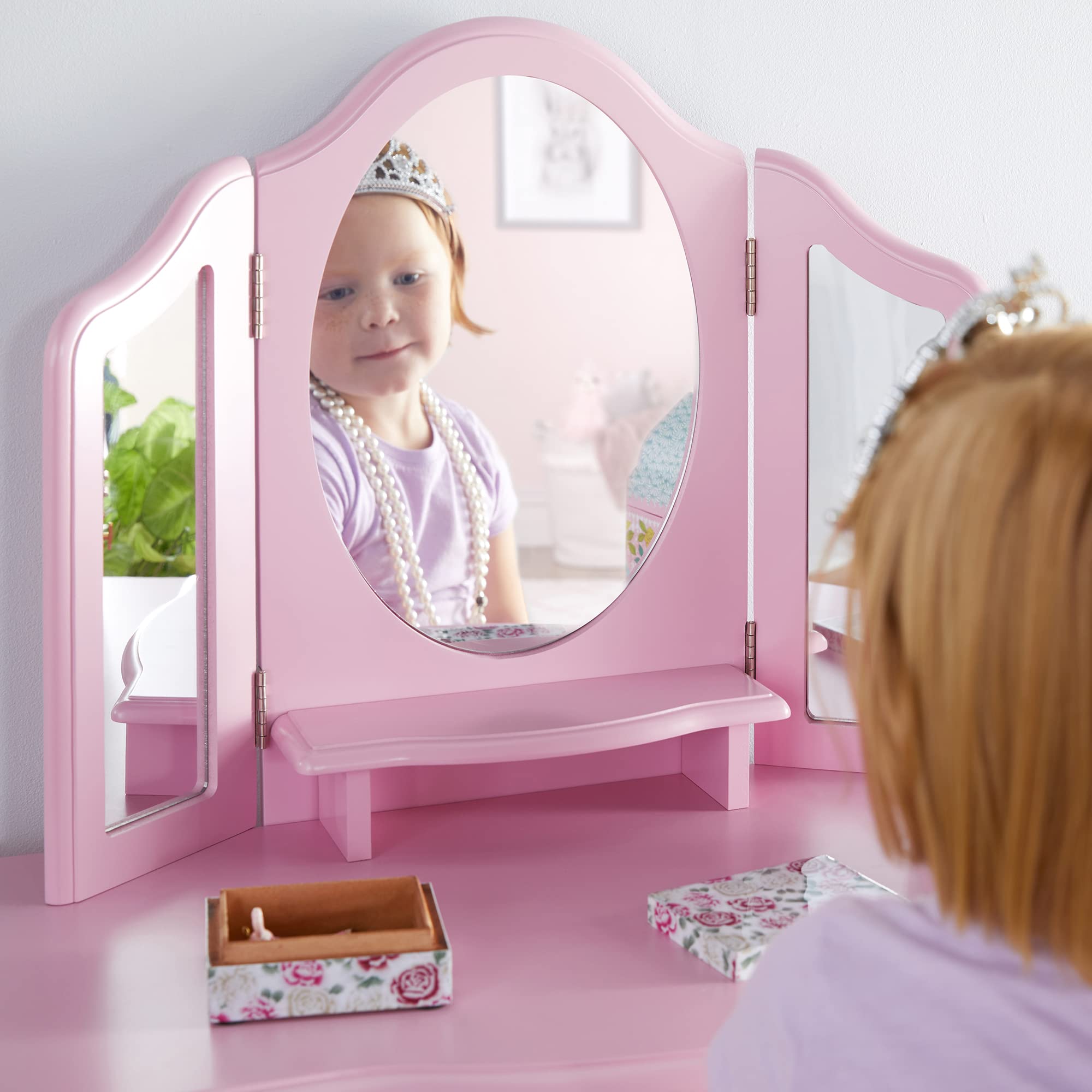 Guidecraft Pink Wooden Vanity and Stool Set for Girls Age 3-8 | Pretend Play Makeup Table with Mirror, Storage Drawer & Matching Chair | Princess Toy Vanity Desk Playset for Bedroom & Playroom