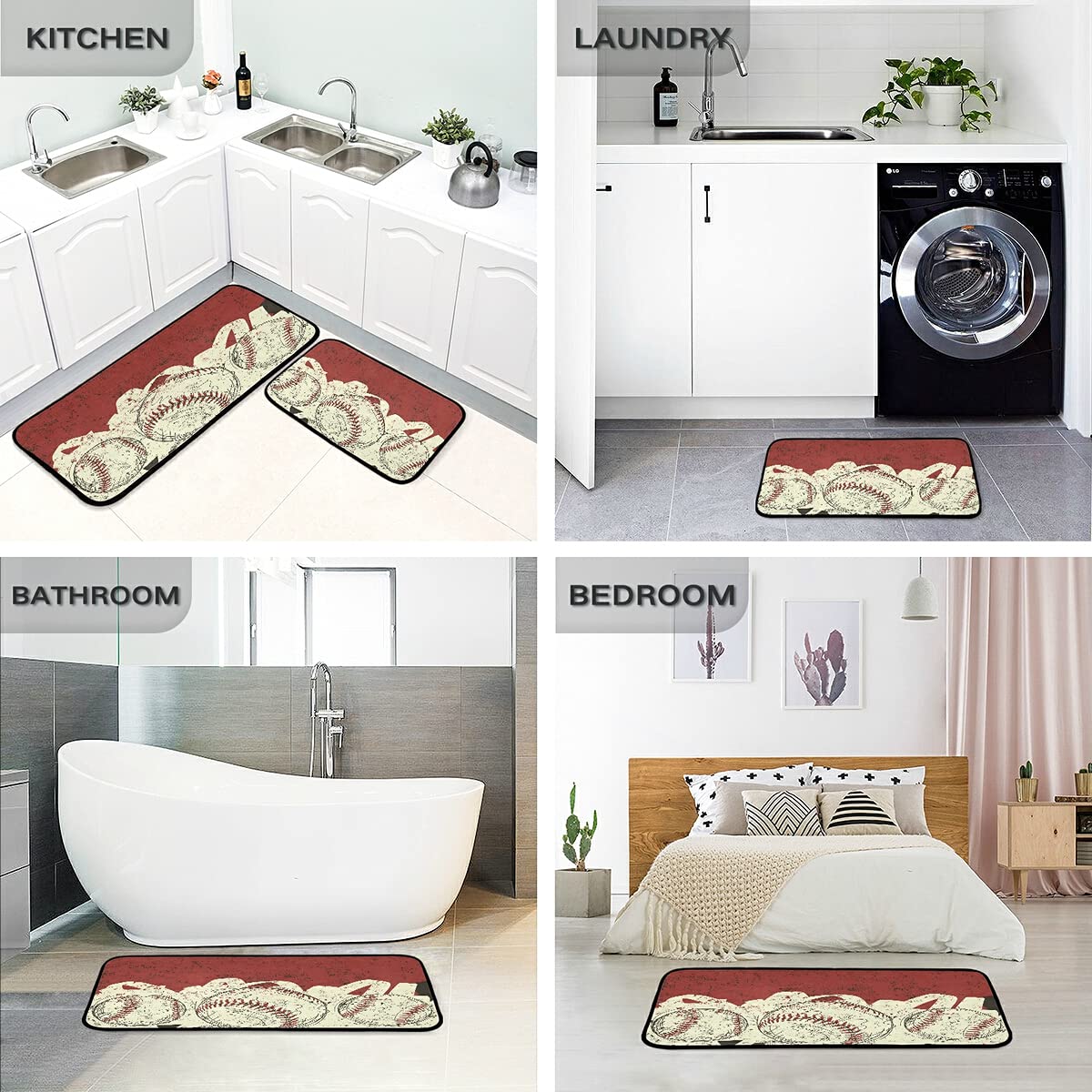 3-Piece Non-Slip Washable Baseball Kitchen Rugs and Mats Set, 2 Runner Rugs for Home, Kitchen, Laundry, and Bathroom Floor Decoration